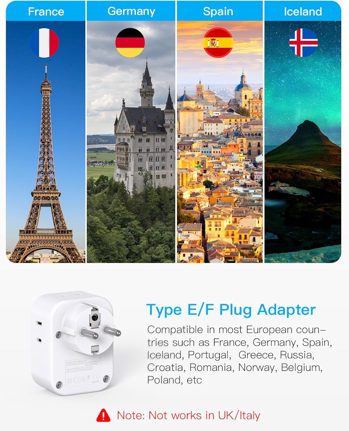 Type E F Plug Adapter, HANYCONY Germany France Travel Adapter with White