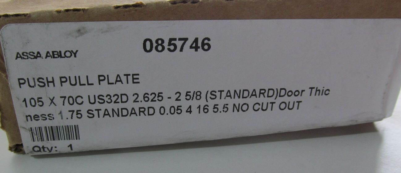 NEW ASSA ABLOY 085746 STAINLESS STEEL PUSH/ PULL DOOR HANDLE/ PLATE 105 x 70C