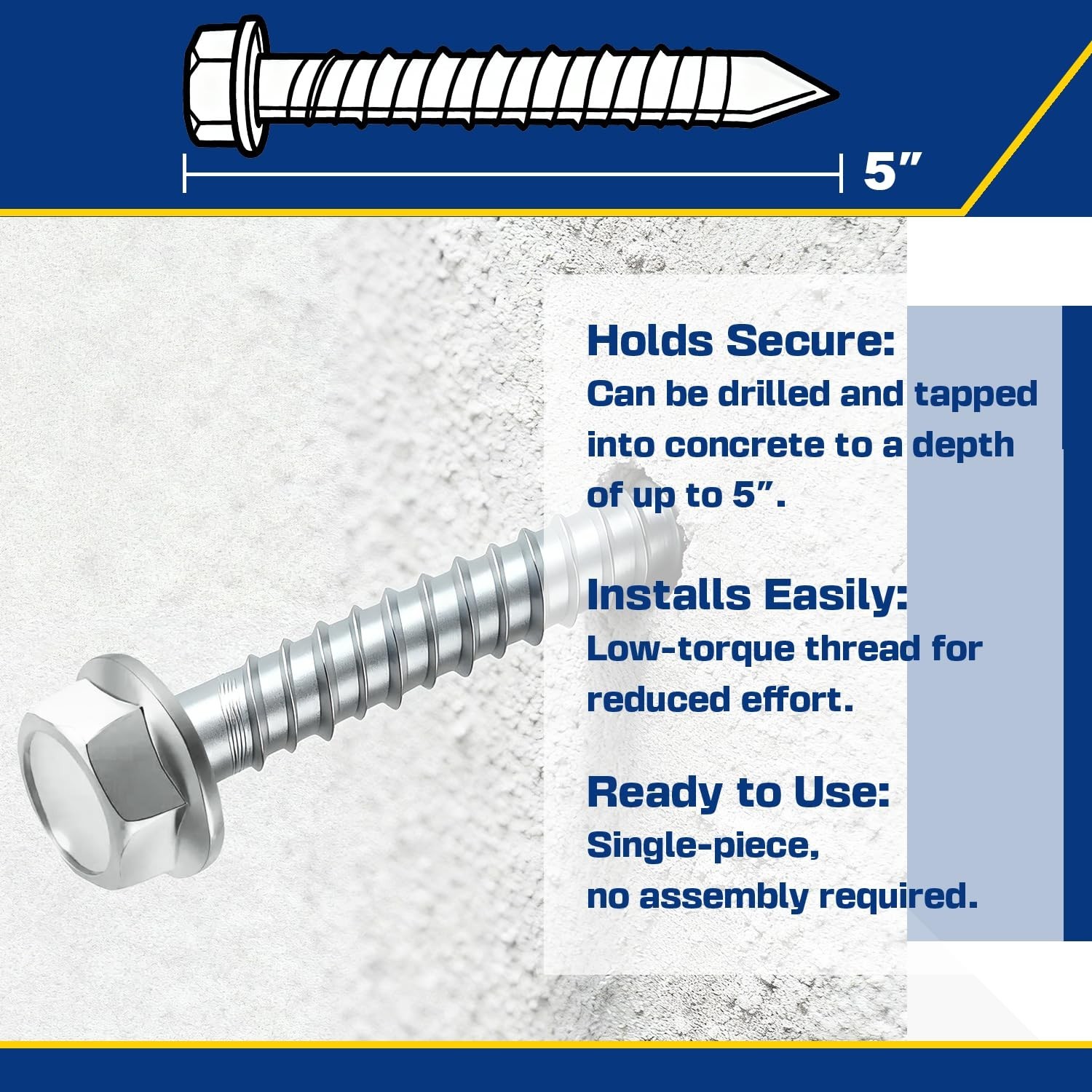 50 Pack 5/8″ x 5″ Large Diameter Concrete Screw – Heavy Duty Concrete Anchors…