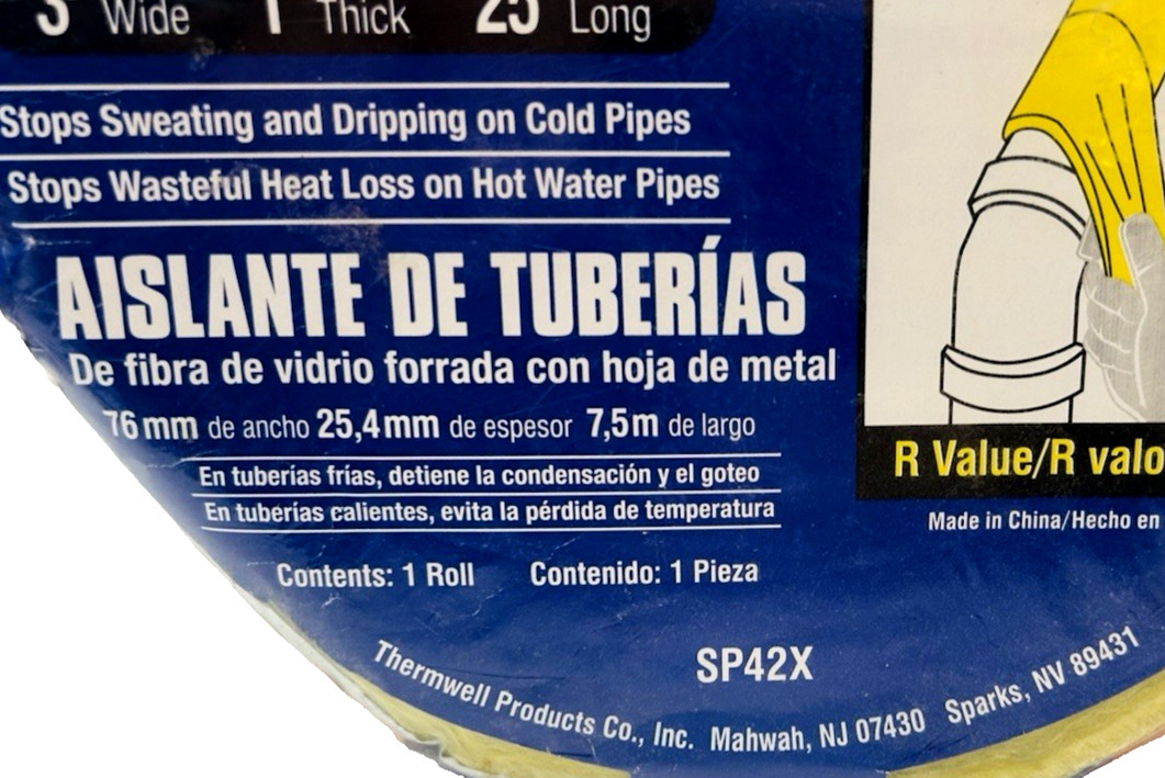 Frost King PIPE WRAP INSULATION Foil-Backed Figerglass 3″ x 1″ x 25′ New SP42X