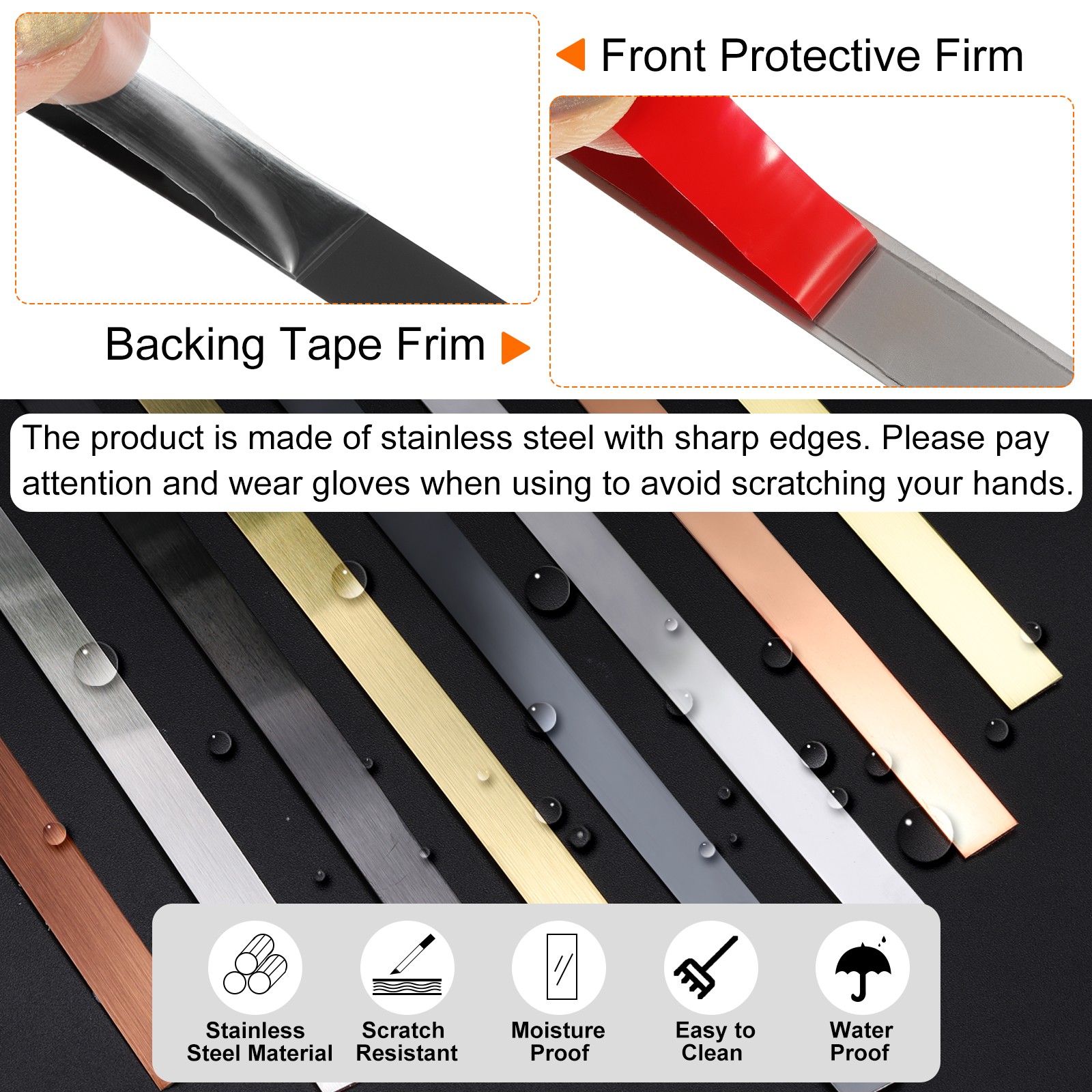 16.4ft x 0.39″ Wall Trim Self Adhesive Stainless Steel Mirror Finish Trim, Black