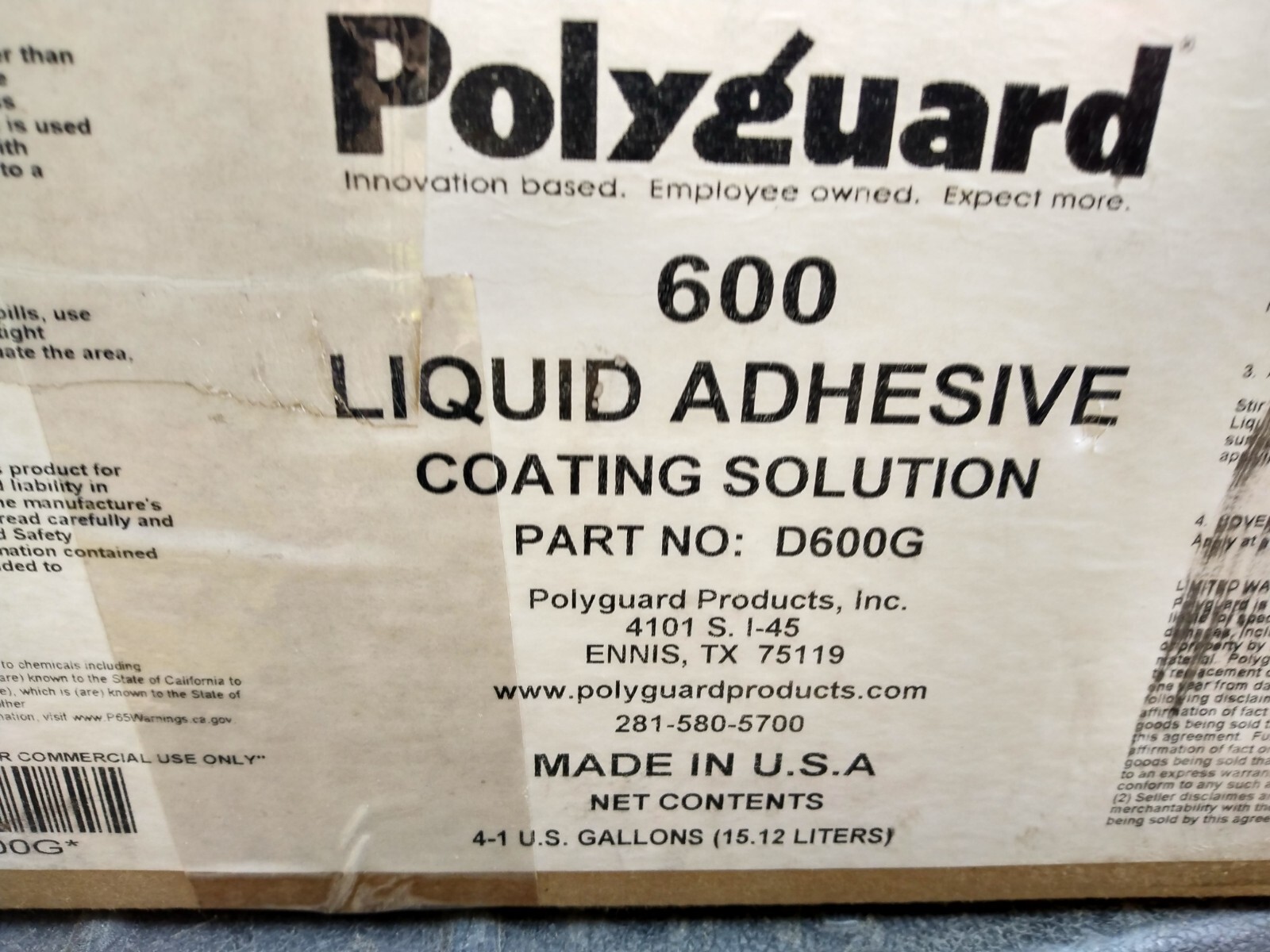 BOX OF 4 POLYGUARD 600 LIQUID ADHESIVE COATING SOLUTION PART# D600G