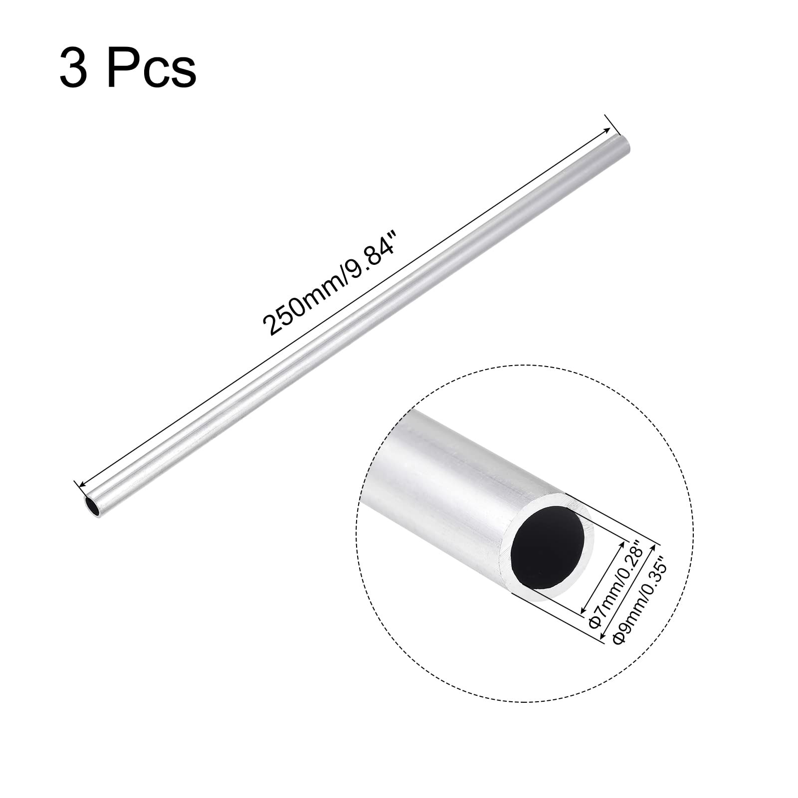 uxcell 6063 Aluminum Round Tube 9mm OD 7mm x x 250mm, Silver Tone