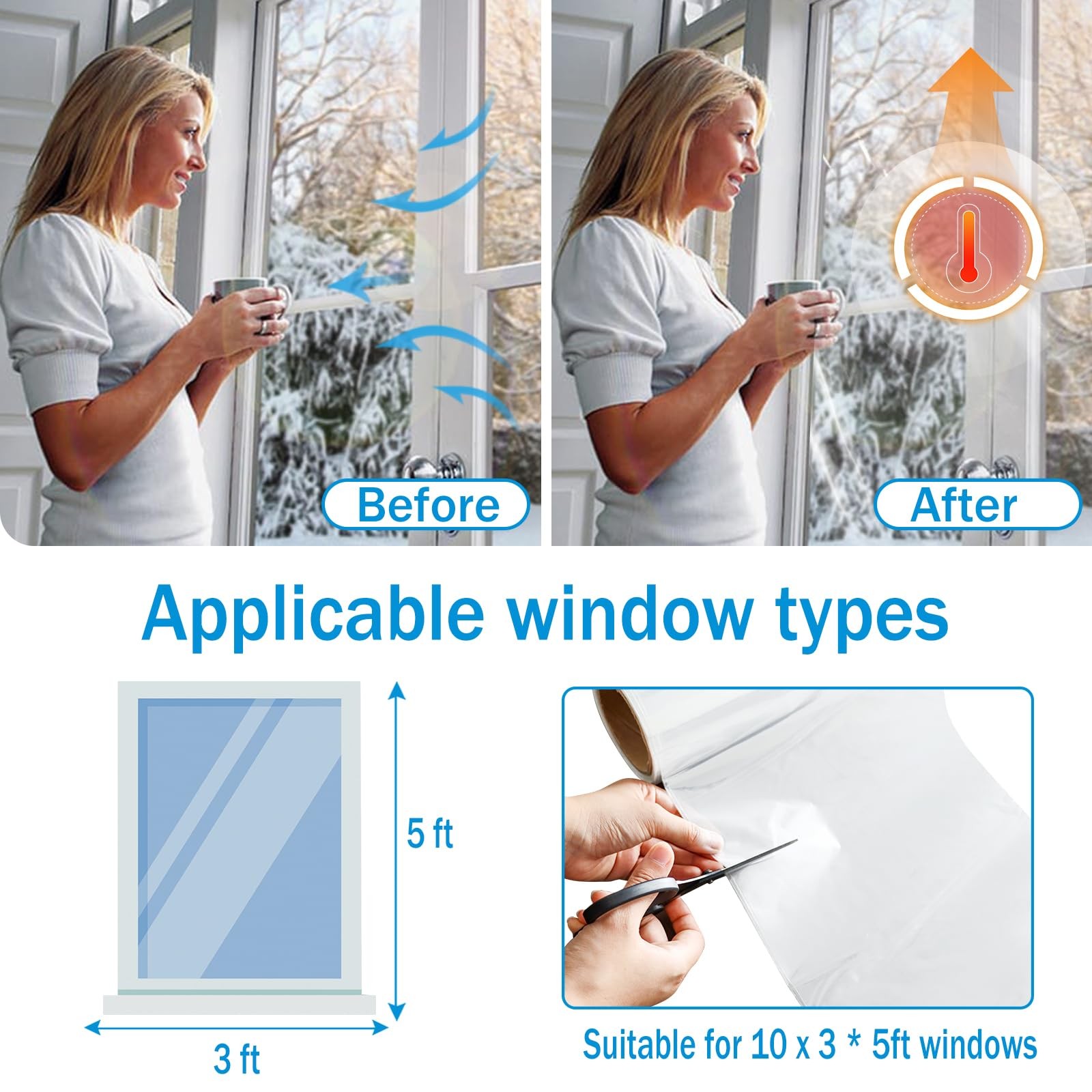 Window Insulation Kit, 63 X 394 Inch Plastic Window Covering for Winter, Wind