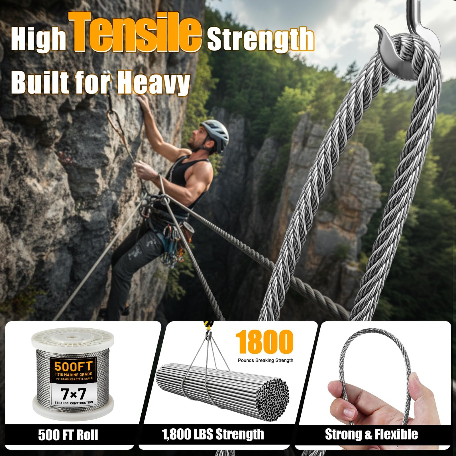 Silver 1/8 Inch T316 Stainless Steel Cable 500 Ft 7×7 Railing Wire