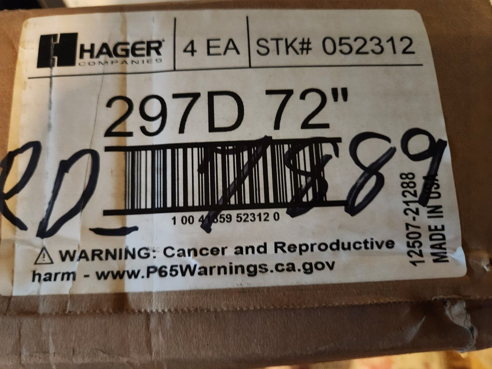Hager 297D Coordinating Device 72 in. Stock No 052312 Black ***FREE SHIPPING***
