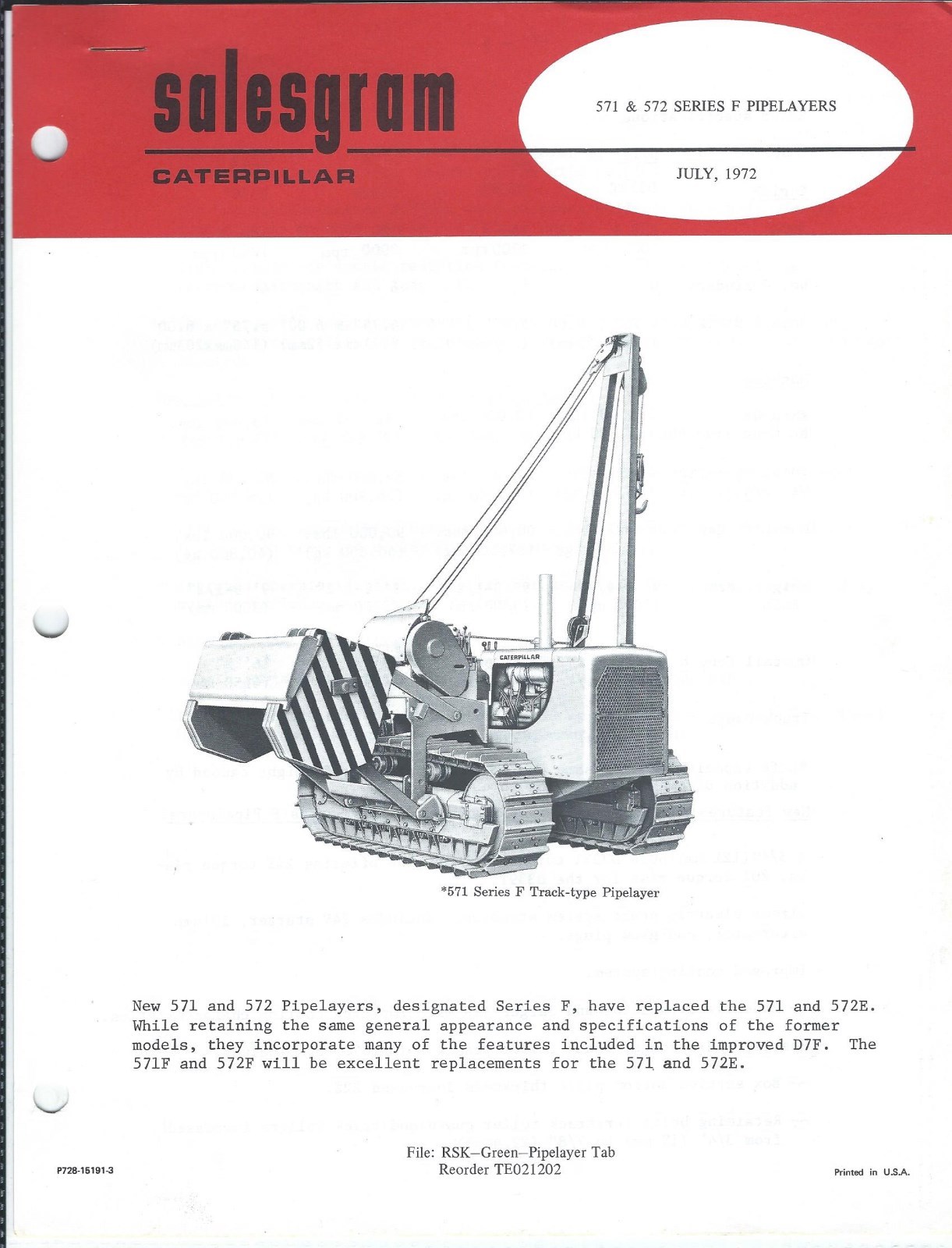 Equipment Brochure Salesgram – Caterpillar – 571F 572F Pipelayer – 1972 (E4401)