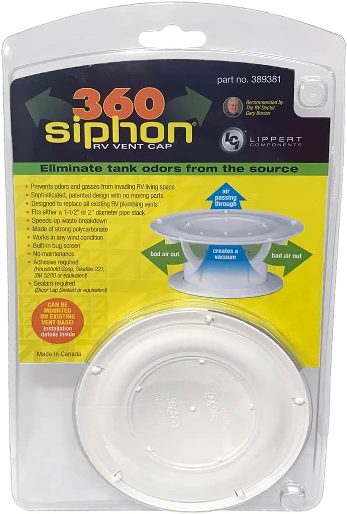 Lippert 360 Siphon RV Roof Vent Cap for Odor Prevention with Universal Fit, Buil