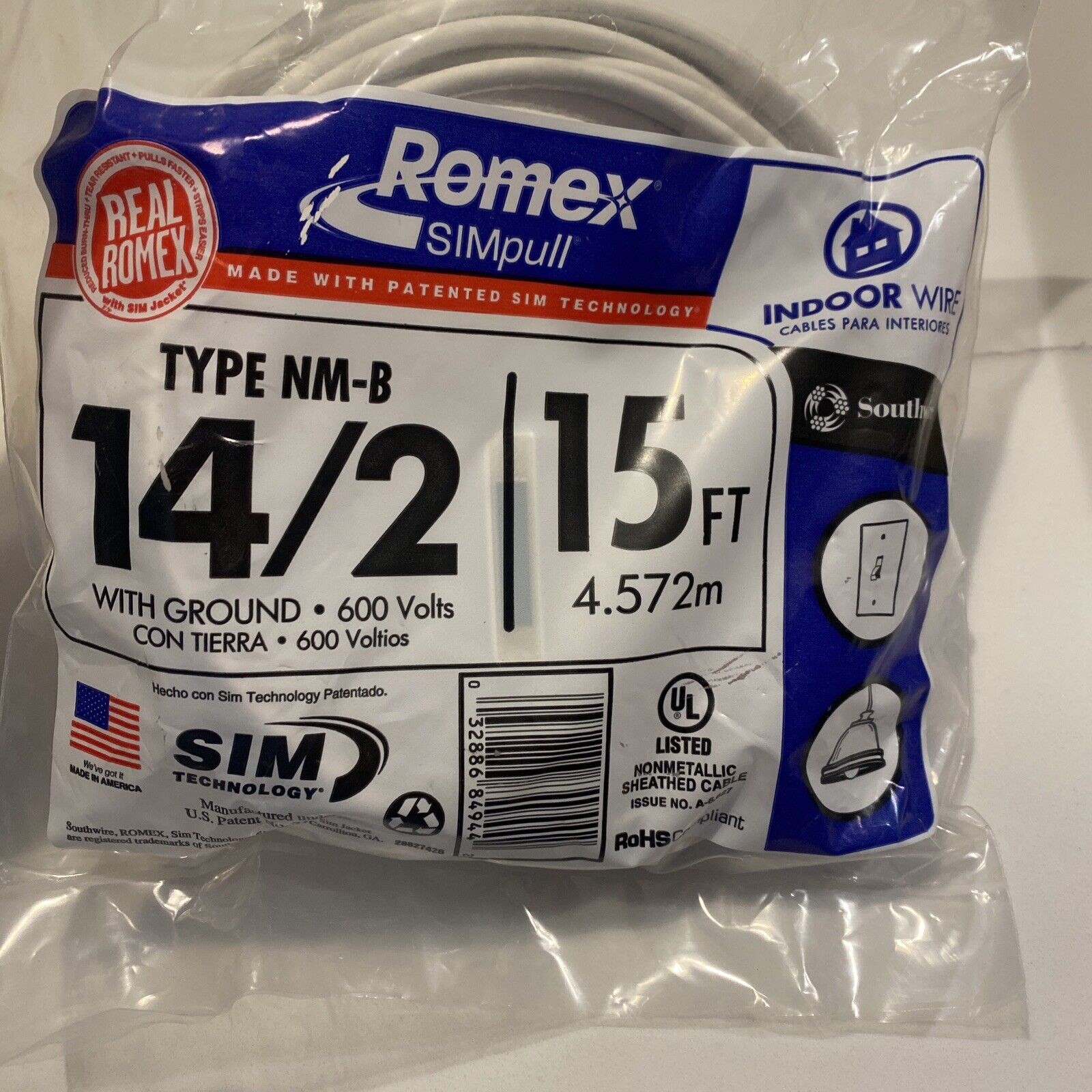 Southwire SIMpull Romex 15 Ft 14/2 Indoor Wire/Copper NM-B Cable NEW