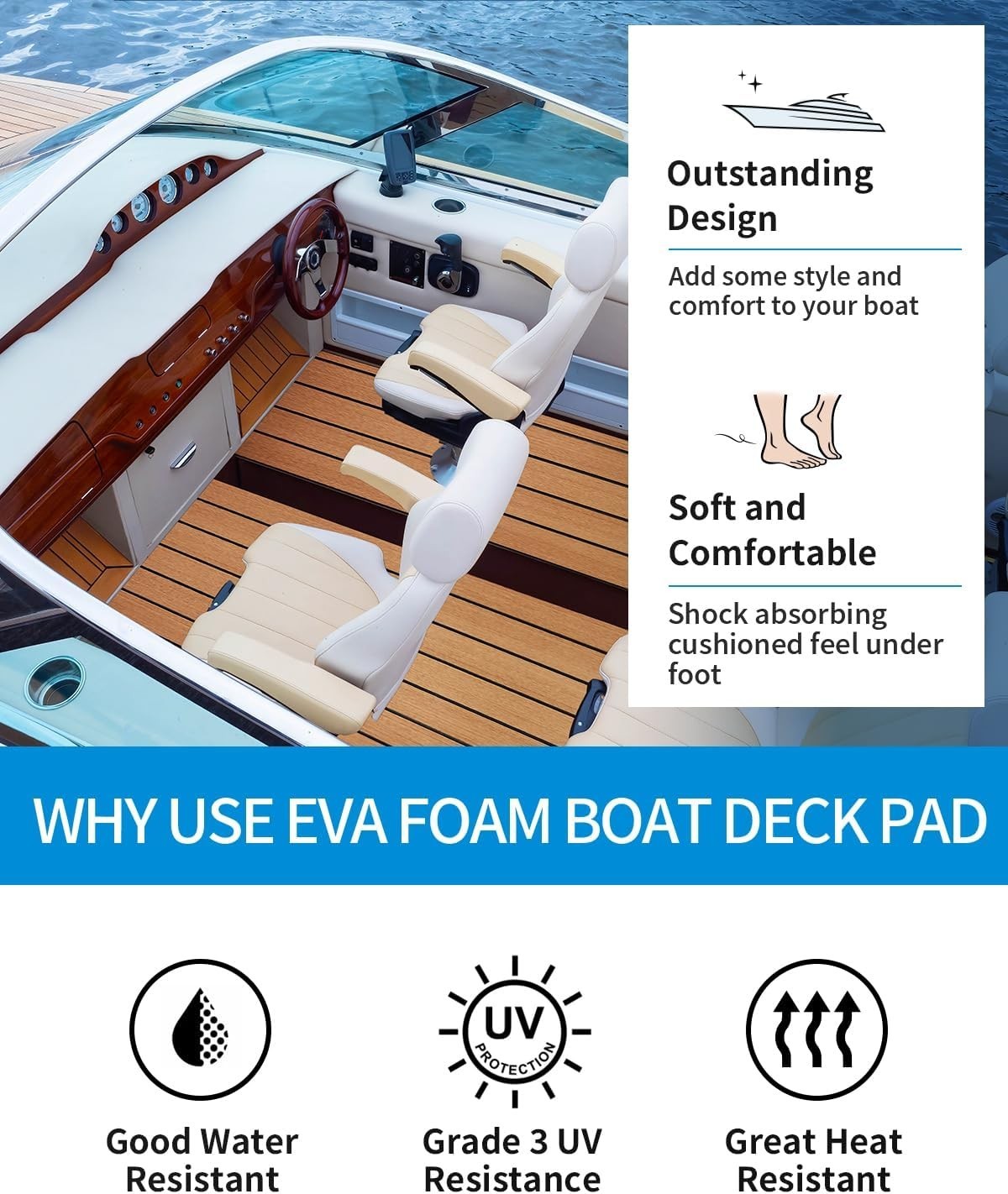 Boat Flooring EVA Foam Self-Adhesive 96”x45.6”/36”/28.8”/16.8” Faux Teak…