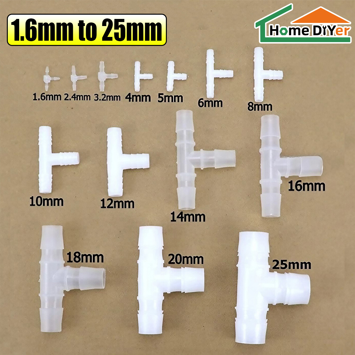 1.6 to 30mm T Joiner Piece 3 Way Plastic Barbed Connector Pipe Hose Water