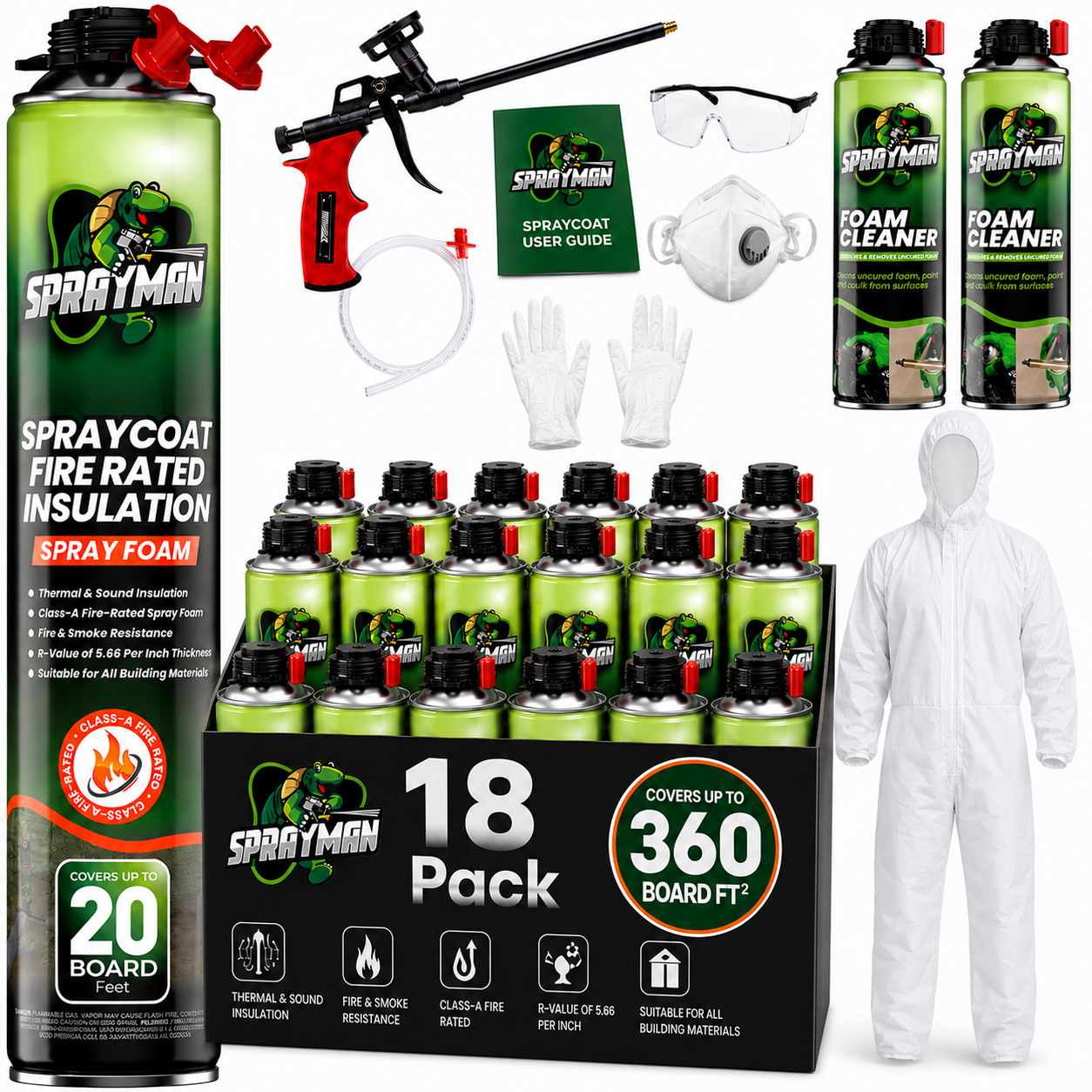 Sprayman Spray Foam Insulation Kit Closed Cell Expanding Fire Rated 360 BdFt 18P