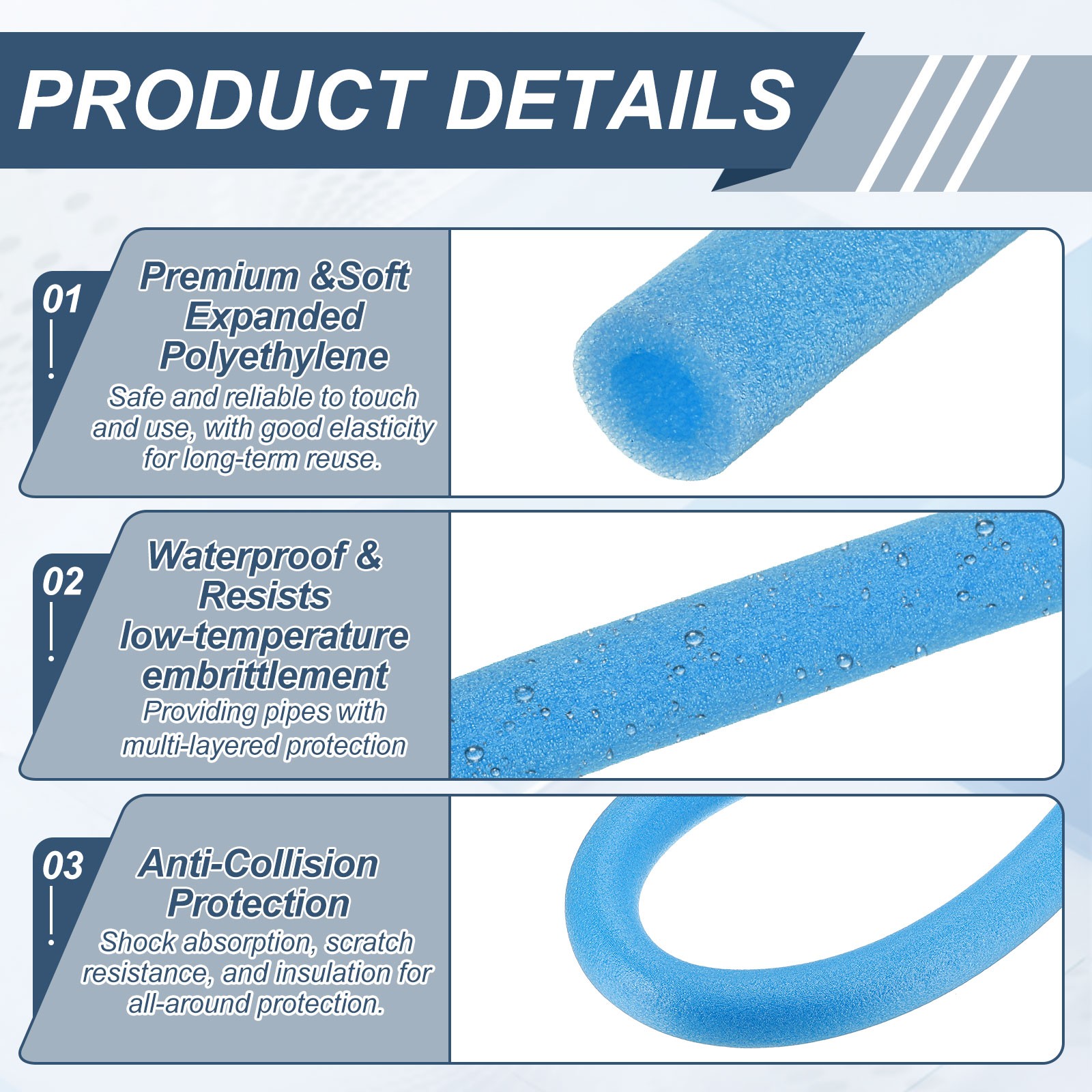 3pcs 3/8″ ID 3.3FT Pipe Insulation Foam Tube 0.79″ OD Tubing Cover Blue