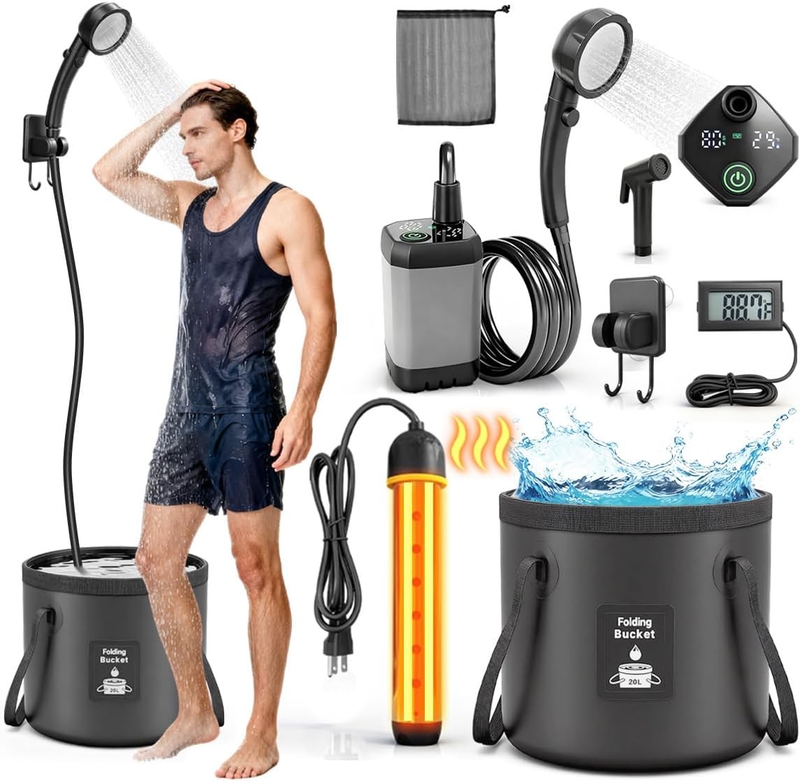 Portable Shower with Heater 1500W Camping Water Large, Black