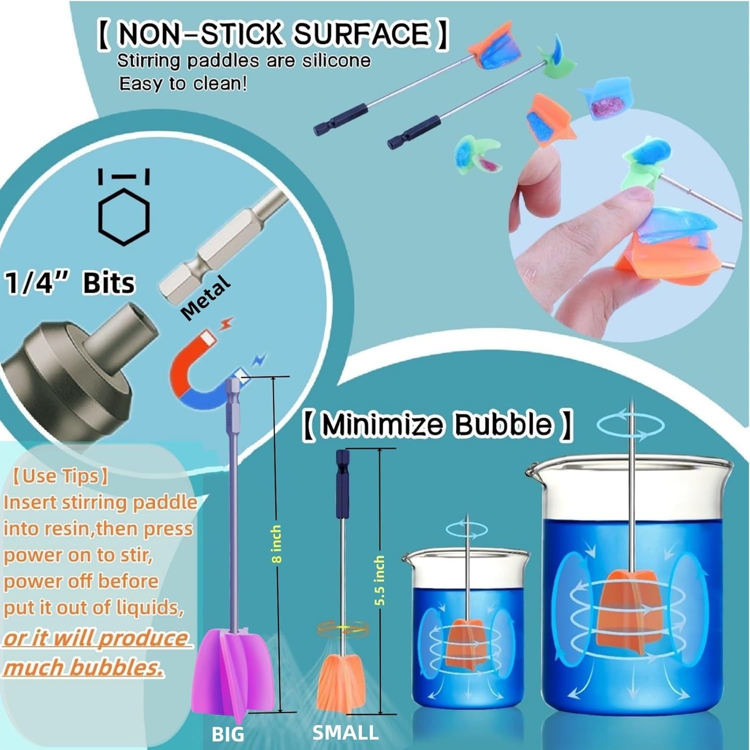 4/Large+4/Small Sizes Silicone Resin Mixer Paddles,Reusable Reusable Paint and R