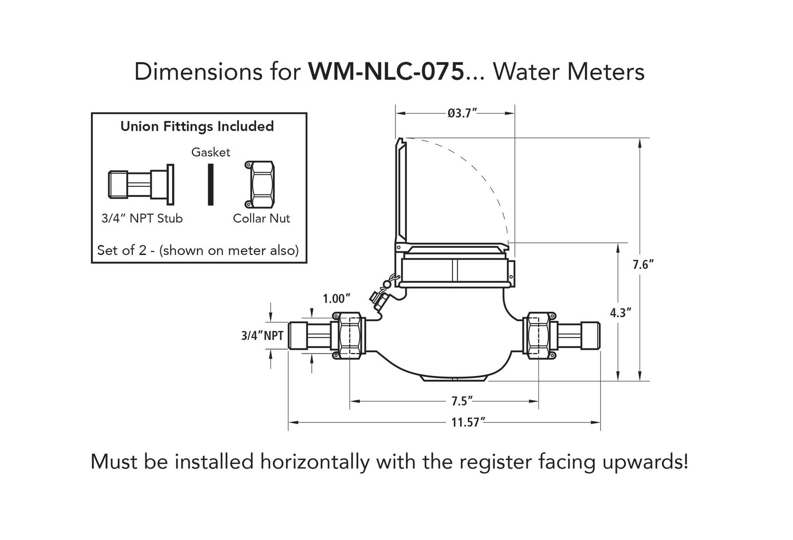 3/4″ Water Meter:Lead Free Brass, Multi-Jet, Gallons, No Pulse Output(Horizontal