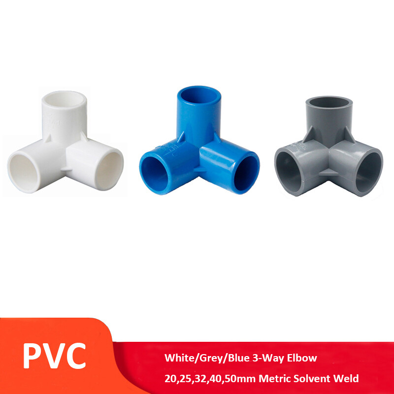 PVC 3-Way Elbow 20mm-50mm Solvent Weld Pressure Pipe Connector White/Grey/Blue