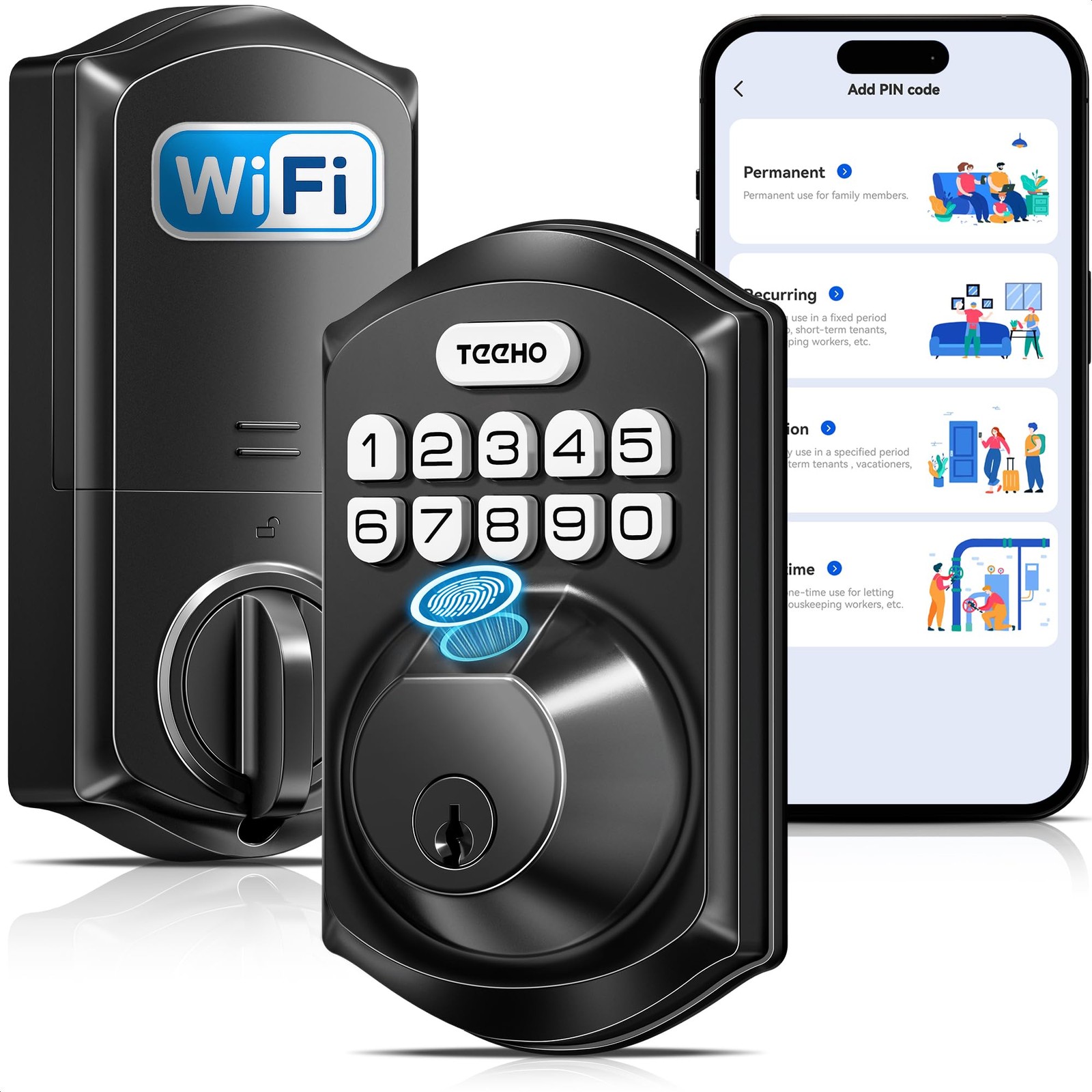 TEEHO TE012W WiFi Smart Lock, Fingerprint Door Lock with Built-in Matte Black