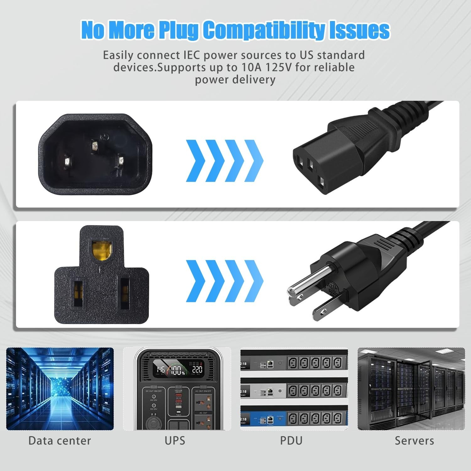 10 Pack IEC320 C14 Male to Nema 5-15R PDU USA UPS Extension Power Plug Adapte…