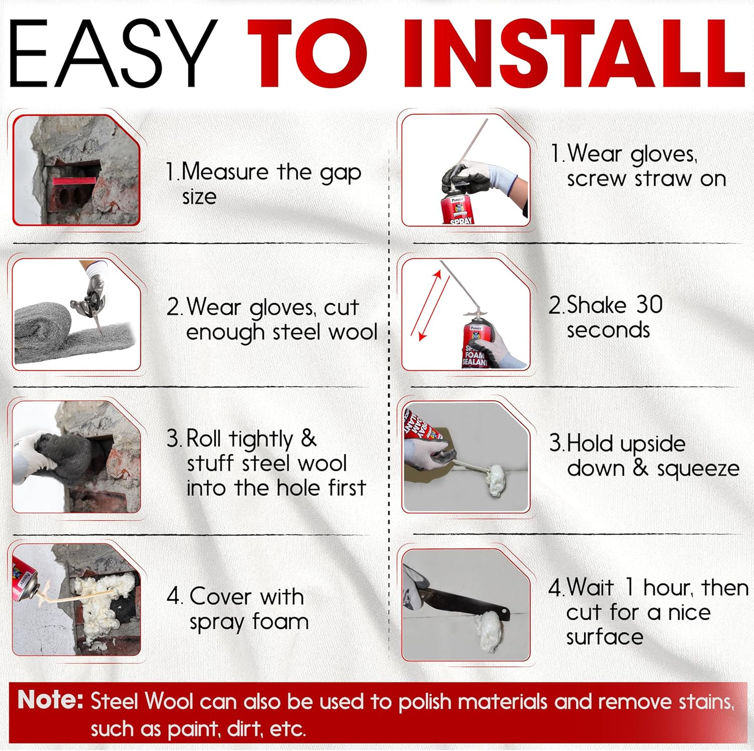 Rodent Barrier Kit, 3PCS Steel Wool+Pu Spray Foam Hole Filler Mice Control | 3.2