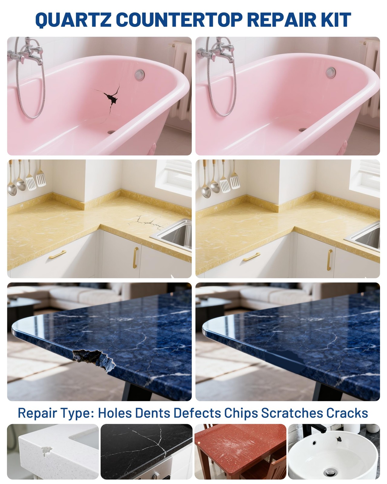 Tile, Marble and Granite Repair Kit (Color Match), Fix Holes Dents Defects