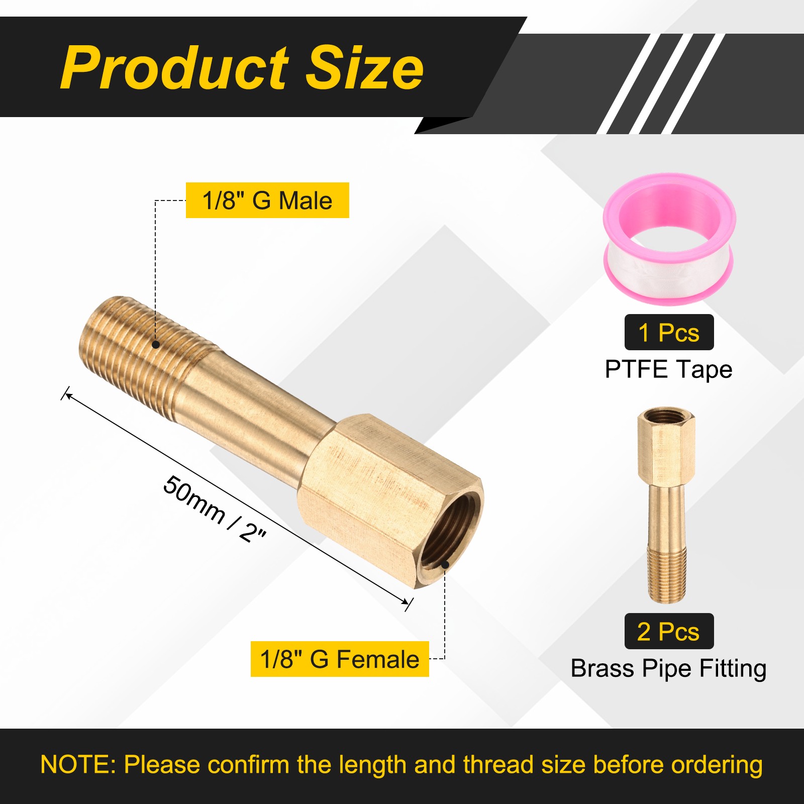 2Pcs 1/8″ g Male x 1/8″ g Female Brass Pipe Fittings with Tape 2 Inch Length