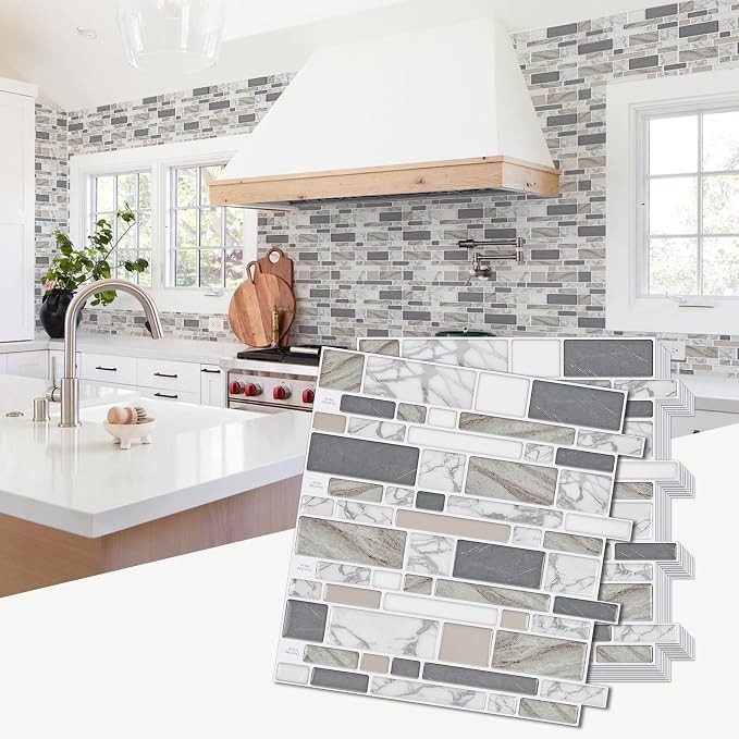 10-Sheet 12″x12″ Marble Look Peel and Stick Backsplash Tile Brown Gray