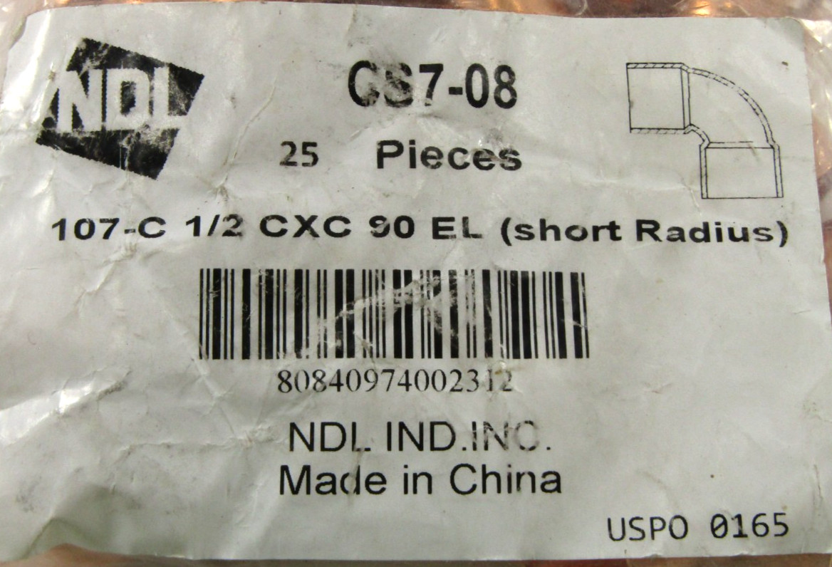 (Bag of 25) NDL – 1/2″ 90° Short Radius Copper Elbows Cup x Cup CxC – CS7-08 107