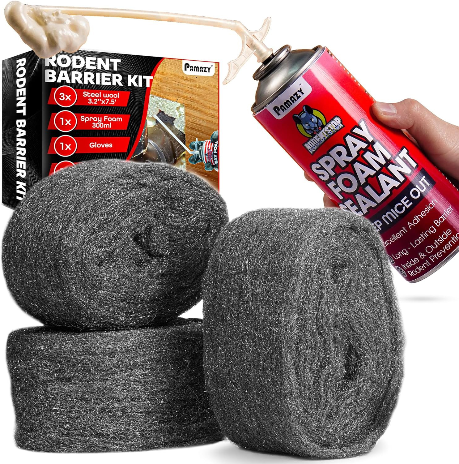 Rodent Barrier Kit, 3PCS Steel Wool+Pu Spray Foam Hole Filler Mice Control | 3.2