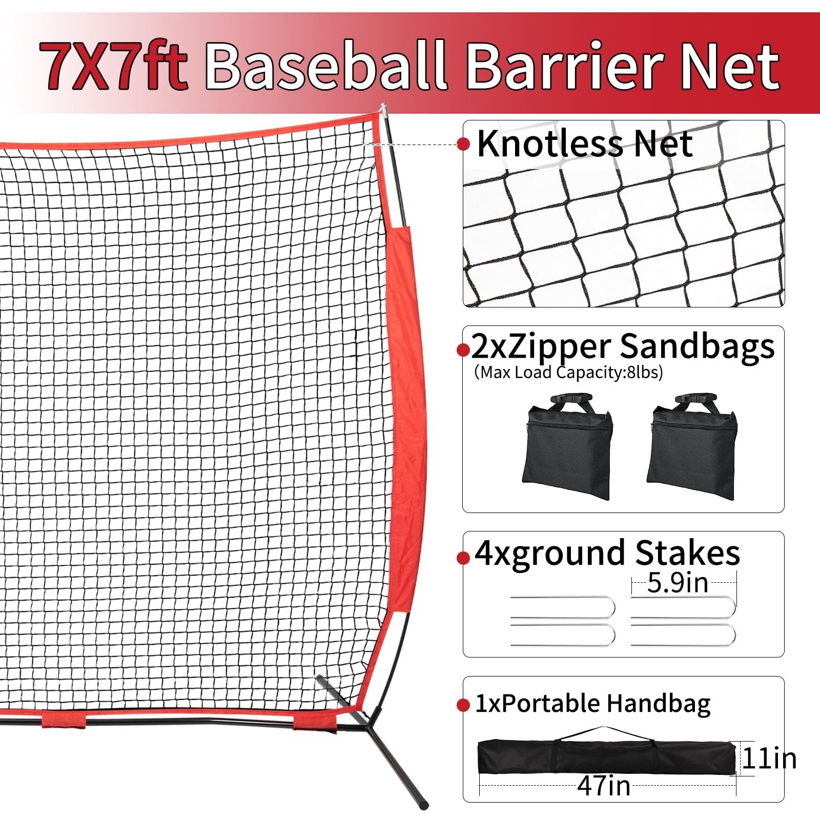 7×7/16×10/20x10ft Backstop Net, Ball Stop Net with Handbag,Fix Sports Net Bar…