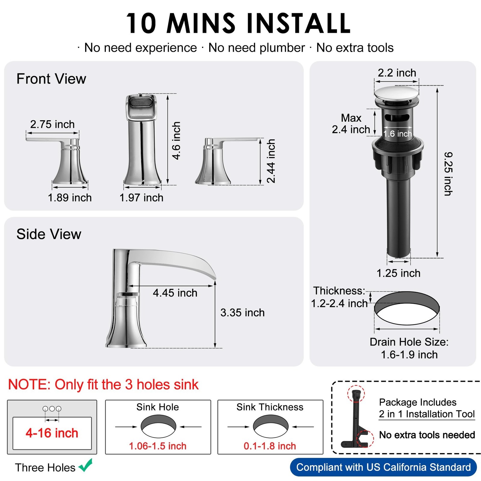 HOIGY HY-BF-CA01S-C Chrome 4-8″ 3 Hole Widespread Bathroom Faucet 2 Handle Brass