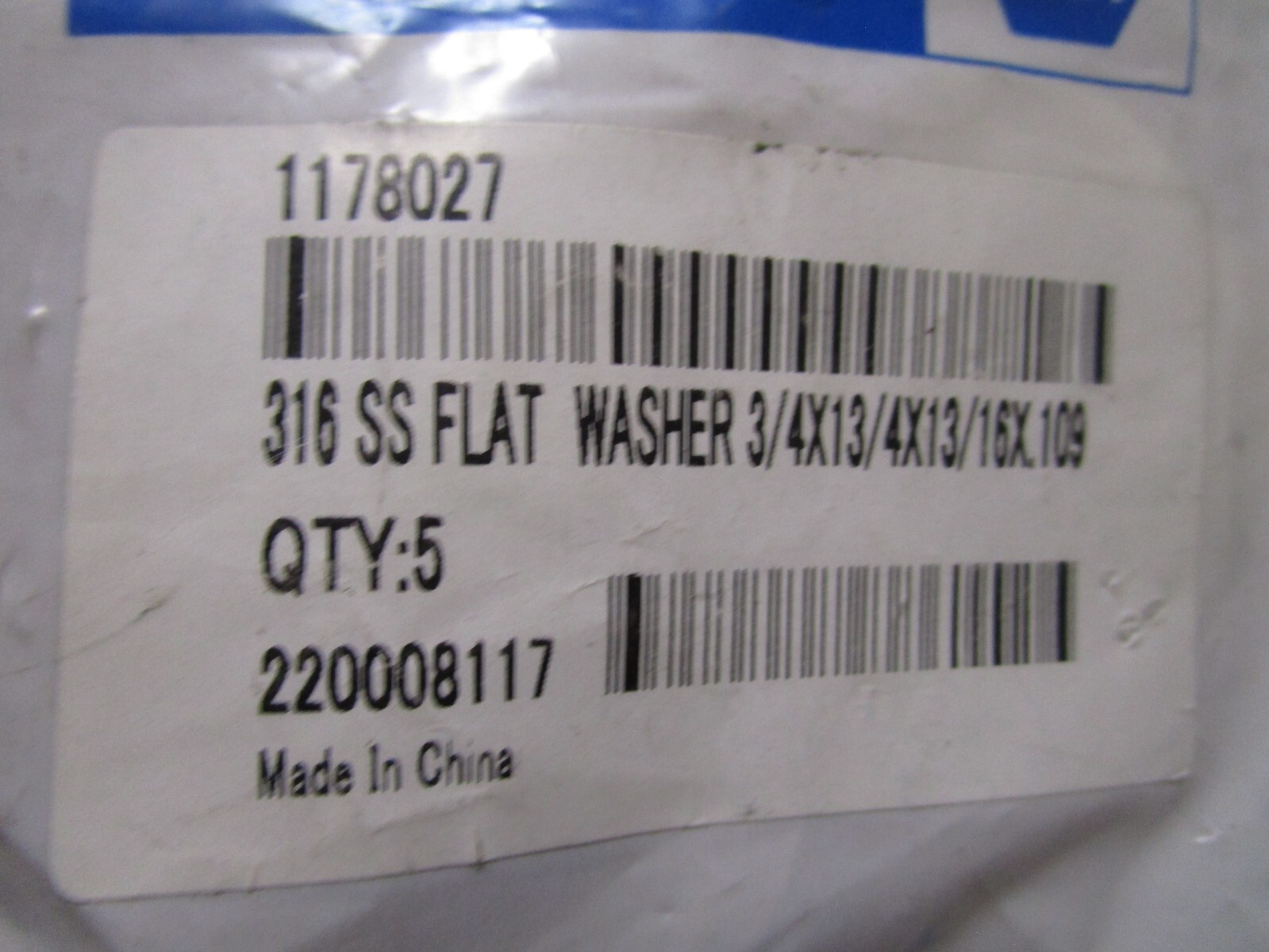 3/4″ 316 Stainless Steel Small OD Flat Washer QTY 5