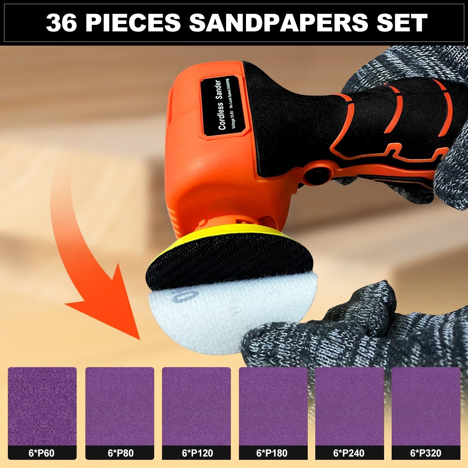 16.8V Cordless Electric Sander with 36PCS Sandpapers, 3500 RPM, 3.0Ah Battery…