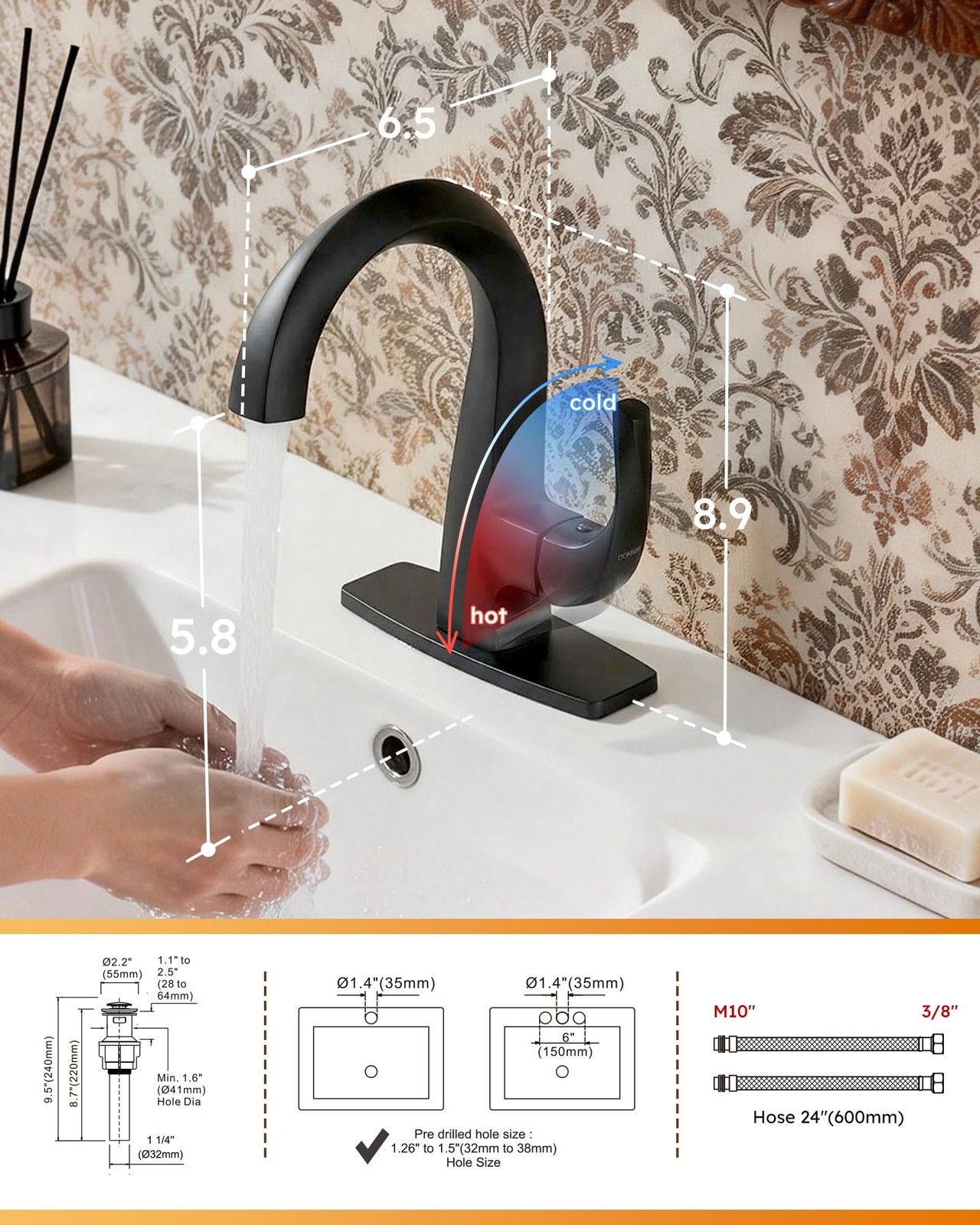 WOWOW Single Handle Bathroom Faucet, Matte Black, 1 Hole, High Arc, Pop Black