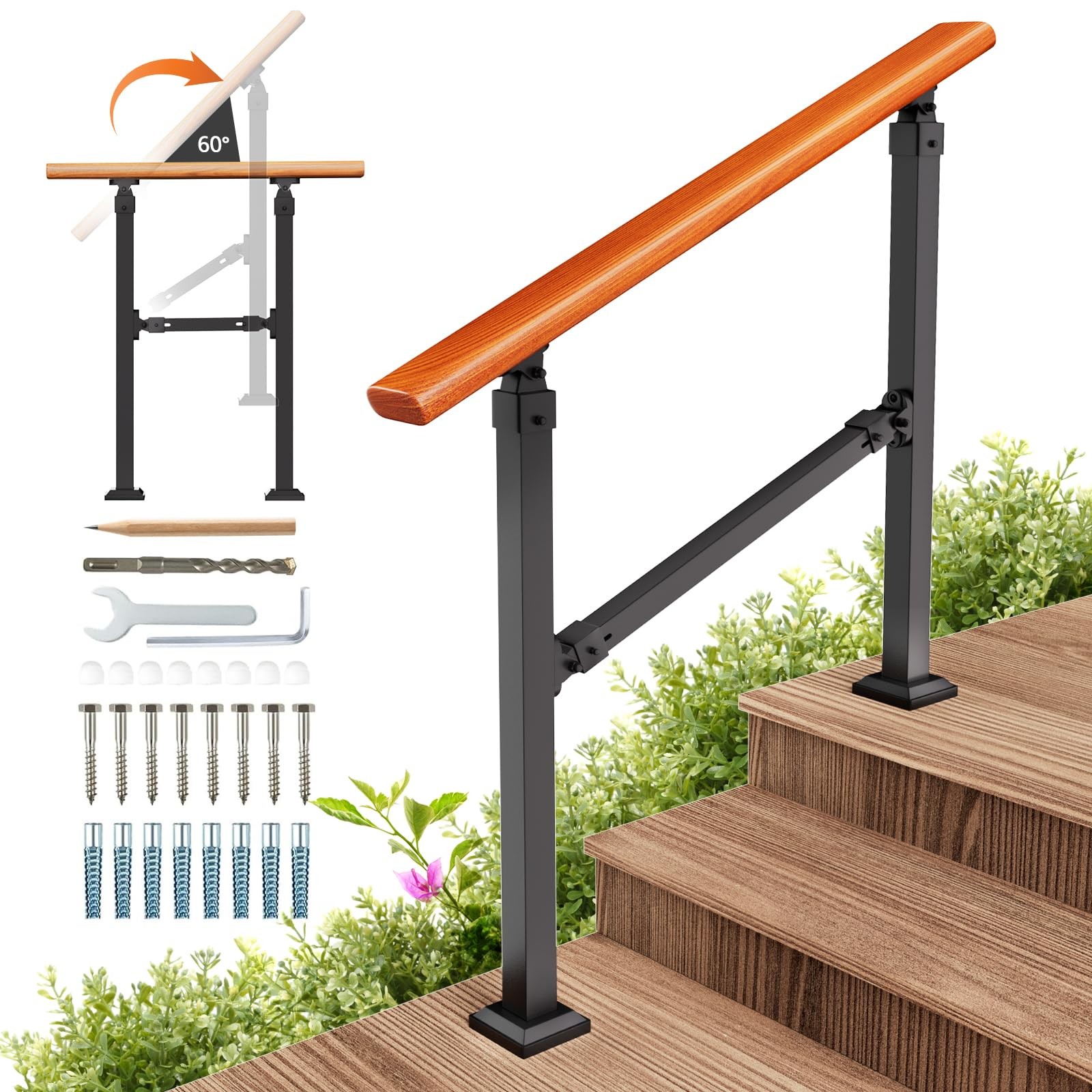 Uokrr Metal Handrail Wood Grain For Elderly 3 Step Hand Rails For Outdoor Steps