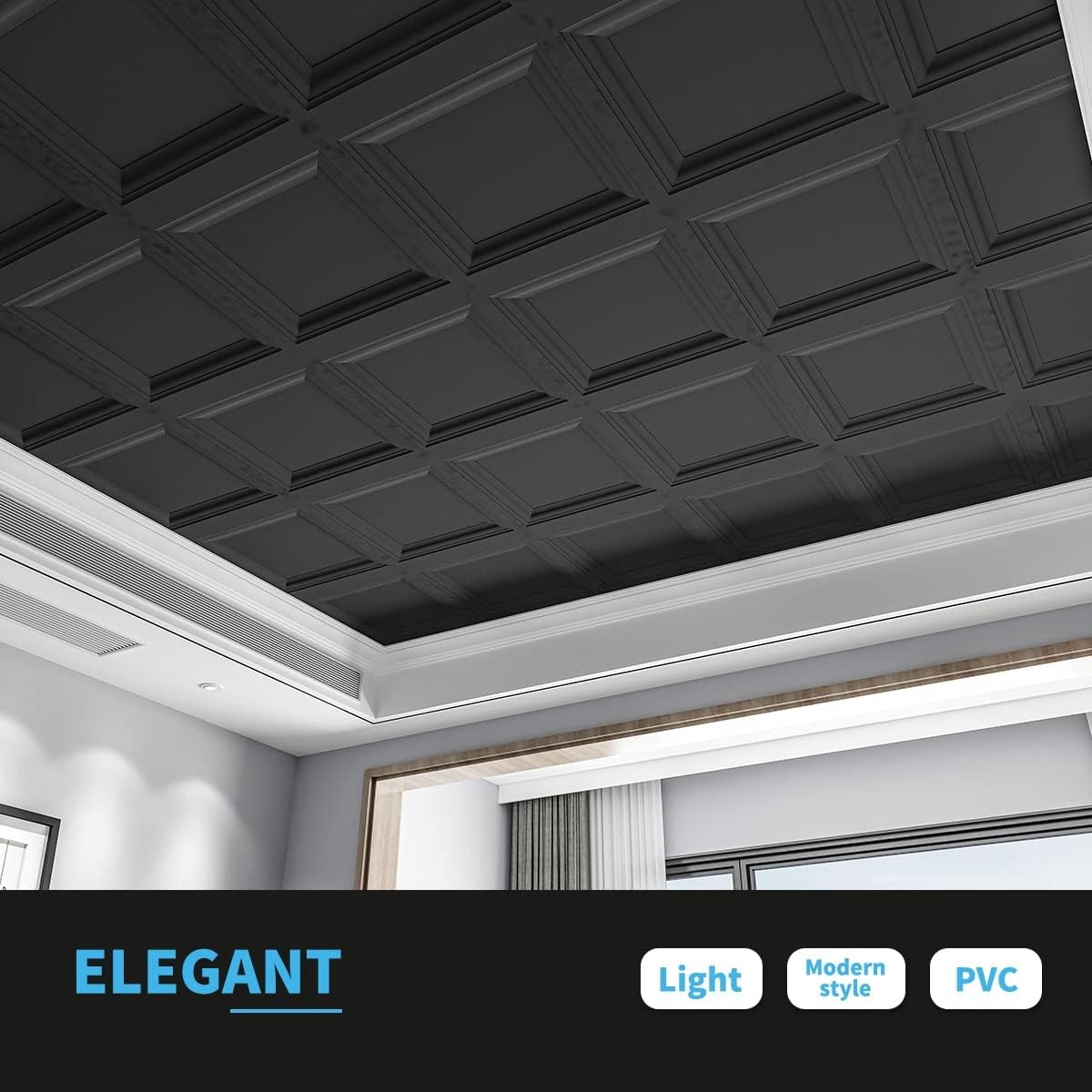 Black 12-Pack 2×2 ft Drop Ceiling Tiles PVC 24×24 Inch Panels