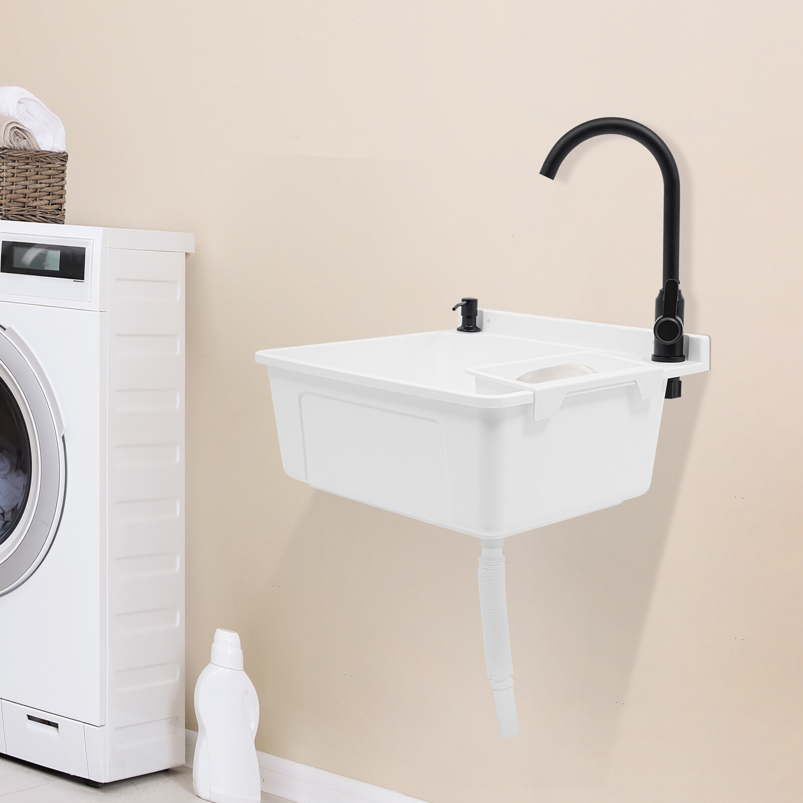 Wall-mounted Utility Sink With Rotate Hot&cold Faucet Anti-clogging Basin White