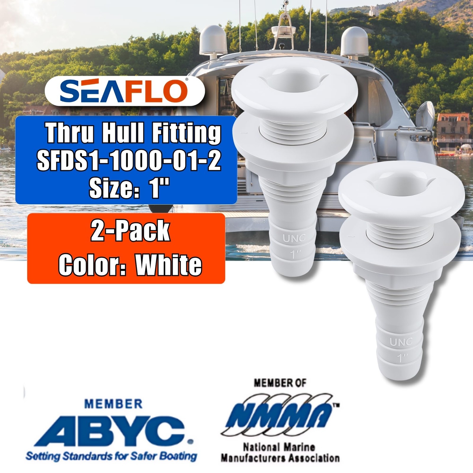 SEAFLO 1” Thru Hull Fitting Marine Boat, Polypropylene, Plastic 1”, White