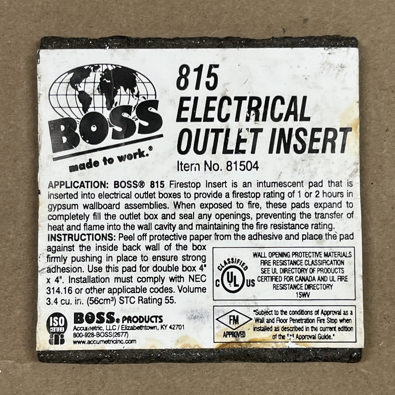 BOSS Products 81504 Firestop Sheet two gang box insert 2 Hr Rating