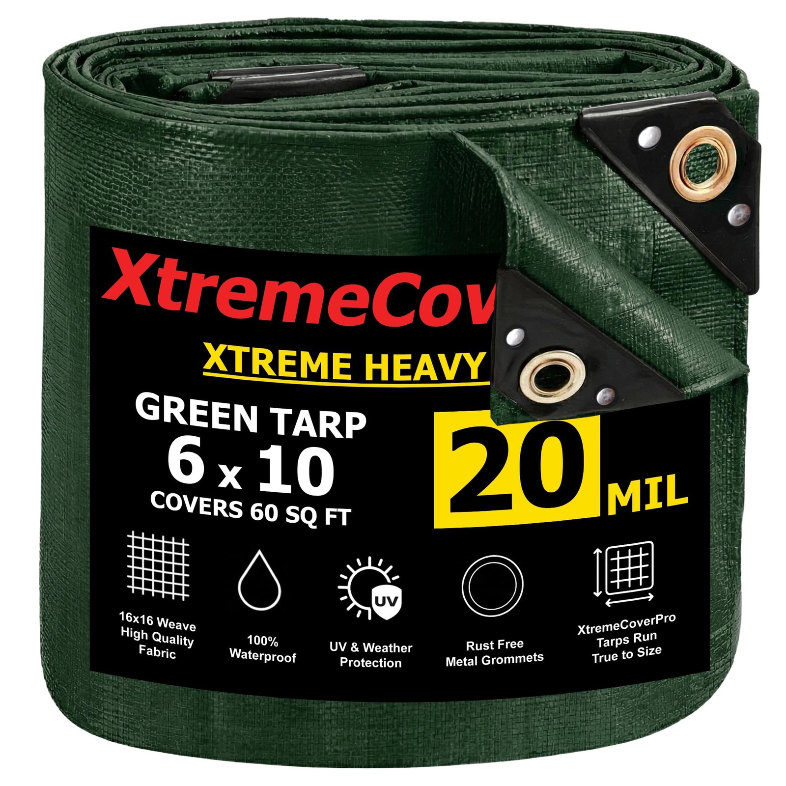 6′ x 10′ Green Tarp – 20mil | Heavy Duty & Waterproof | UV Protection + Brass…