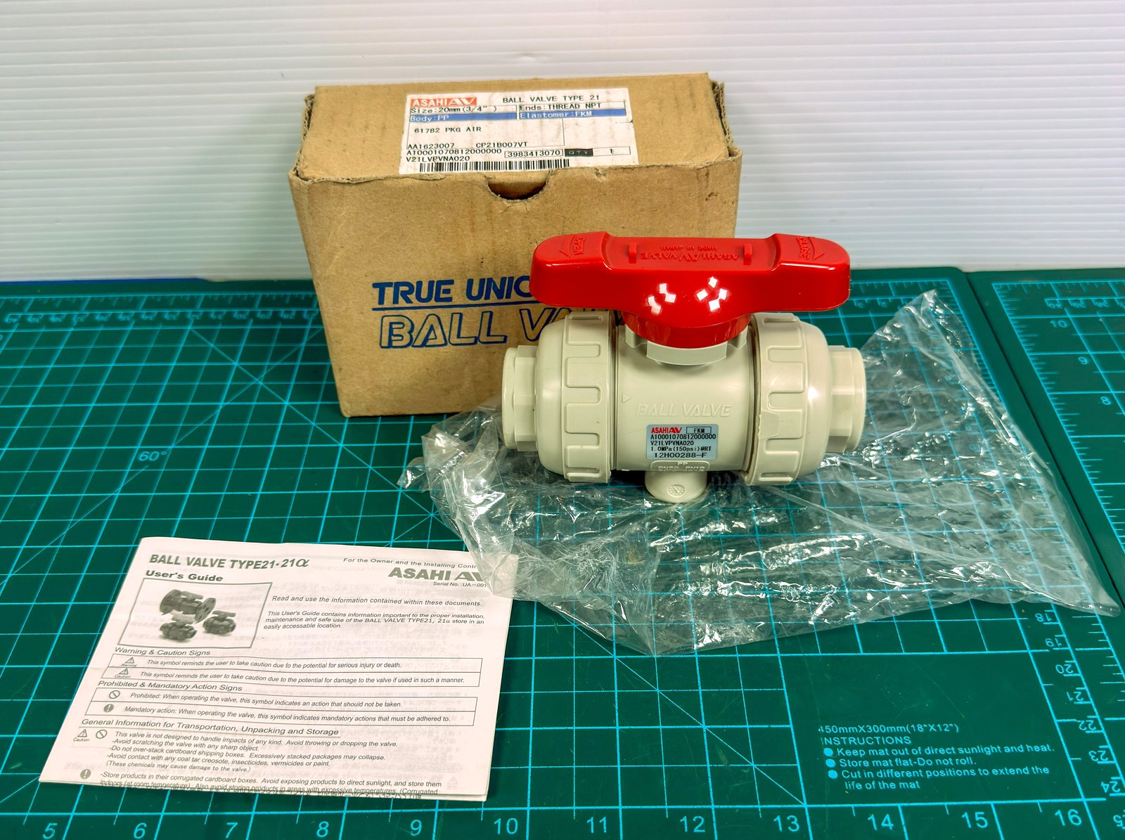 ASAHI AV True Union Ball Valve 20mm 3/4″ Type 21 PVC 4 In Red Handle Box Manual