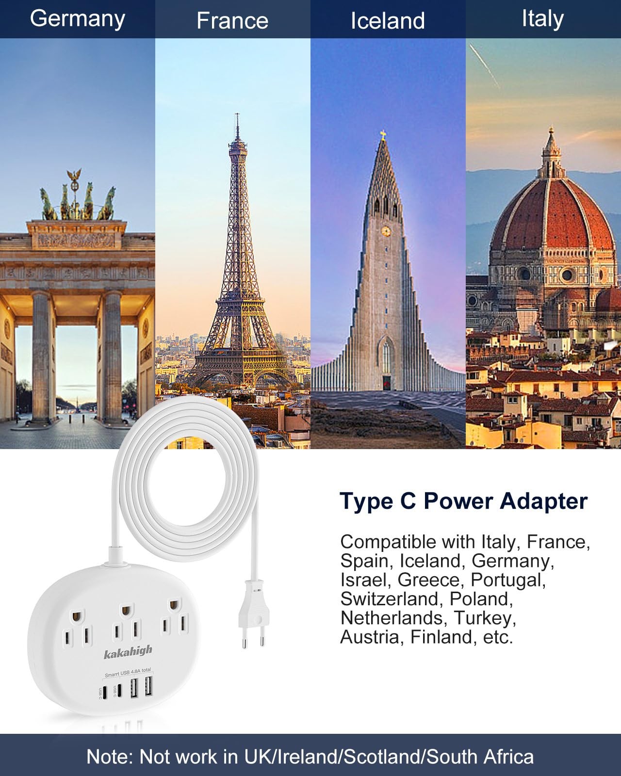 European Travel Plug Adapter with USB C, Multi Country Outlet Type C-Adapter