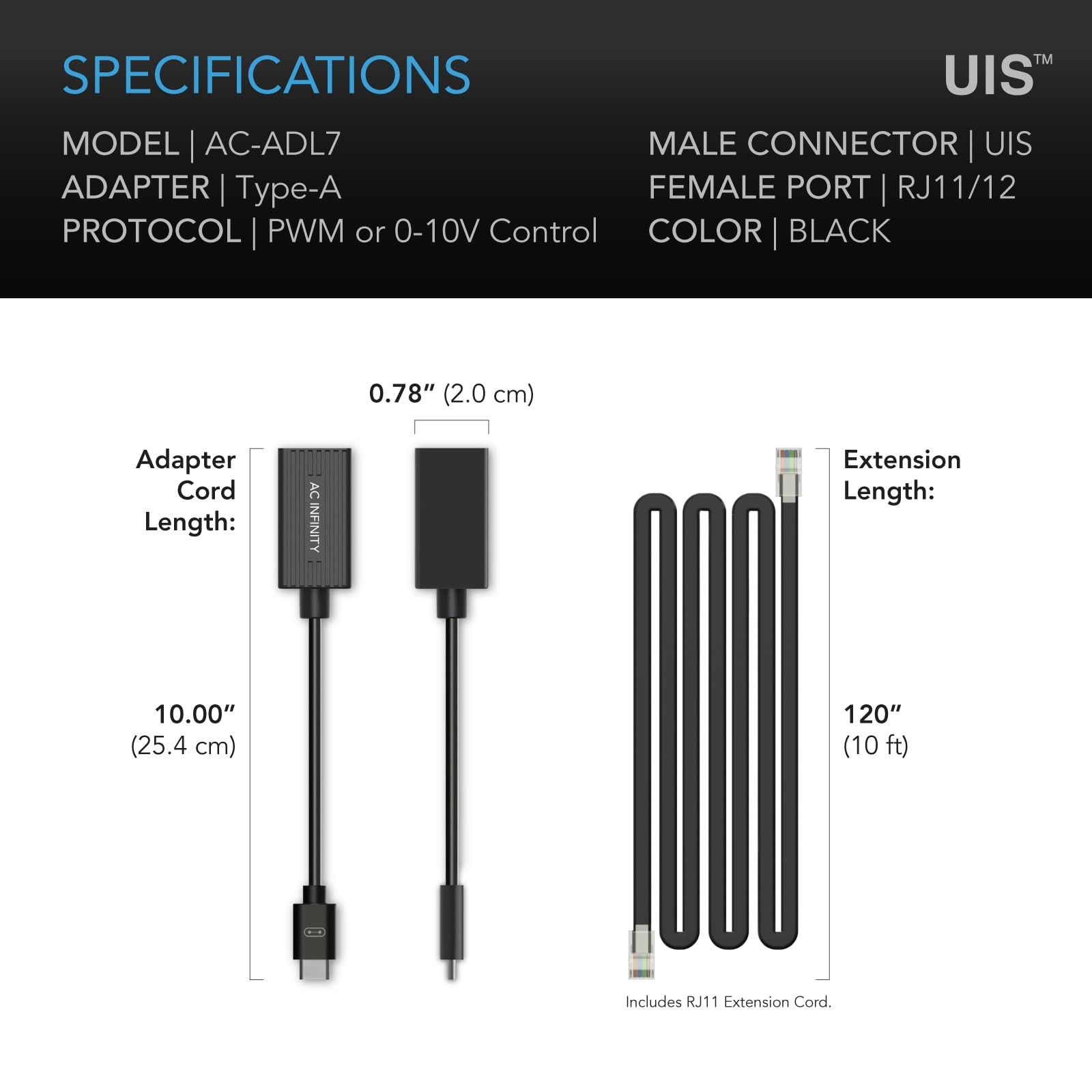 AC Infinity RJ11/12 to UIS Port Type-A Adapter 10 X 0.8 X 0.2 Inches, Black