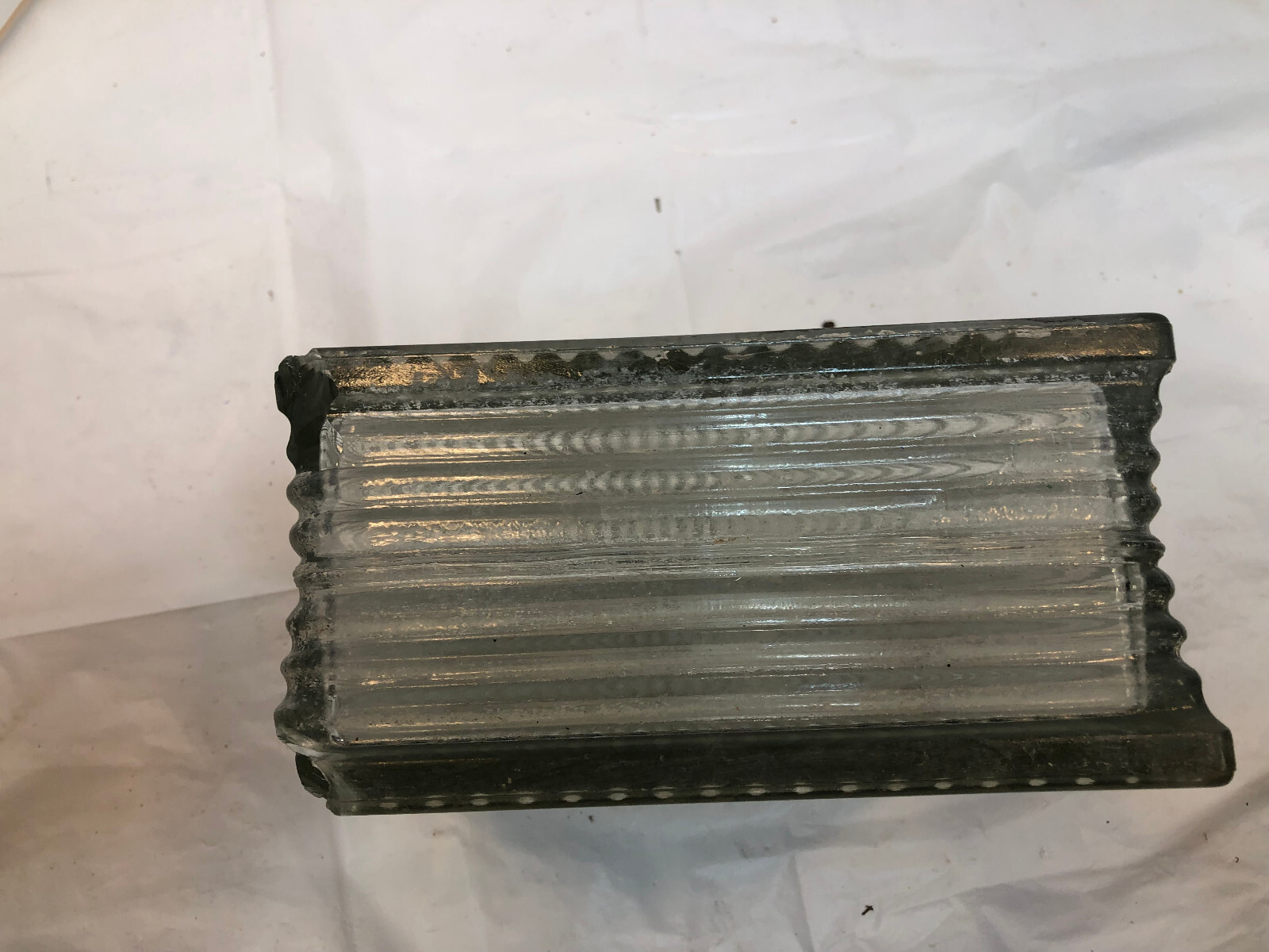 Vintage Glass Block 7-3/4″ x 7-3/4″ x 3-7/8 – Lines – Chipped Corner