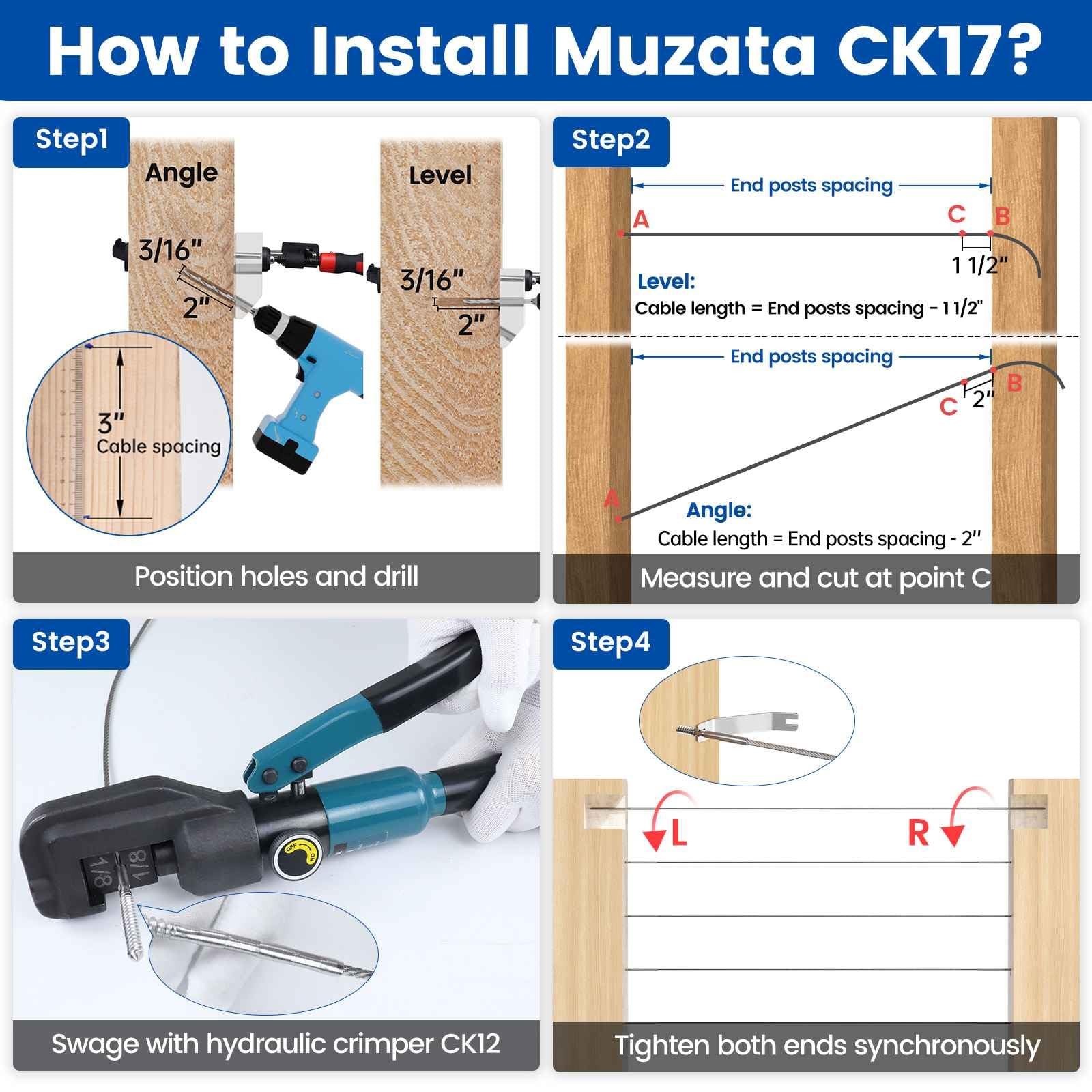 Muzata 20 Pack 1/8″ Cable Railing Hardware Kit Swage Lag Screws 1/8″, Silver