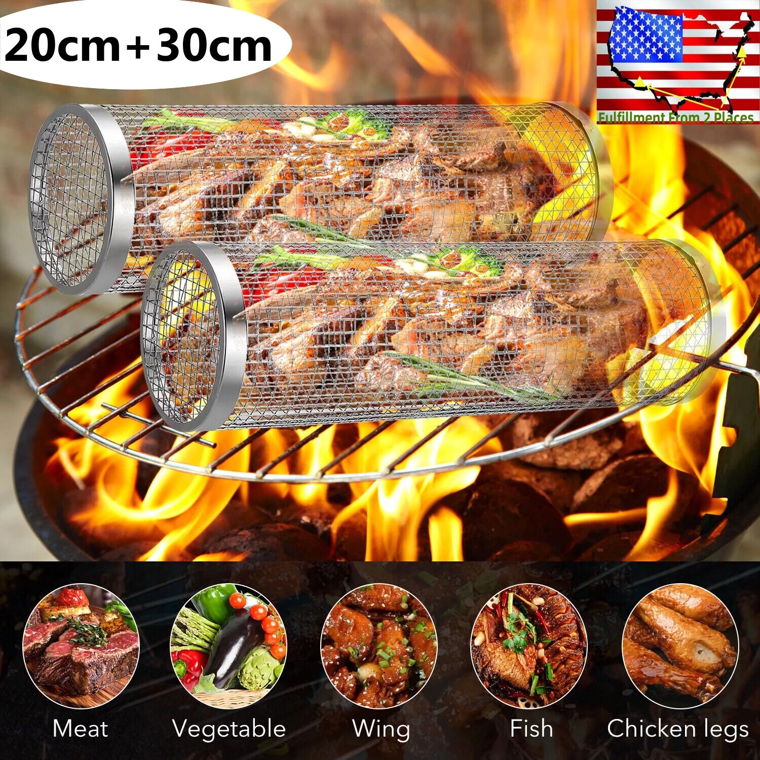 UAS! 2Pcs Rolling Grilling Basket Stainless Steel For BBQ Grill Outdoor Tools