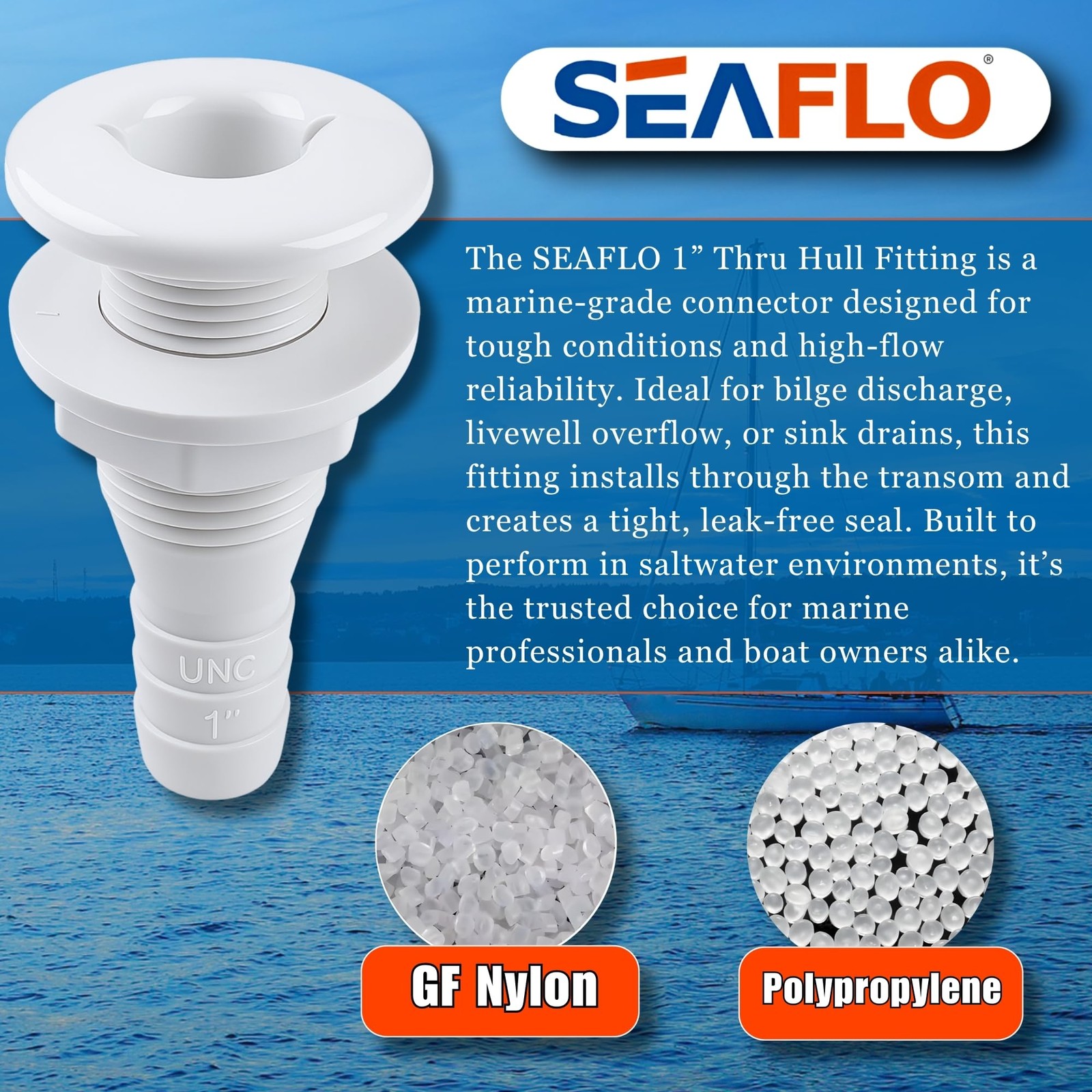 SEAFLO 1” Thru Hull Fitting Marine Boat, Polypropylene, Plastic 1”, White