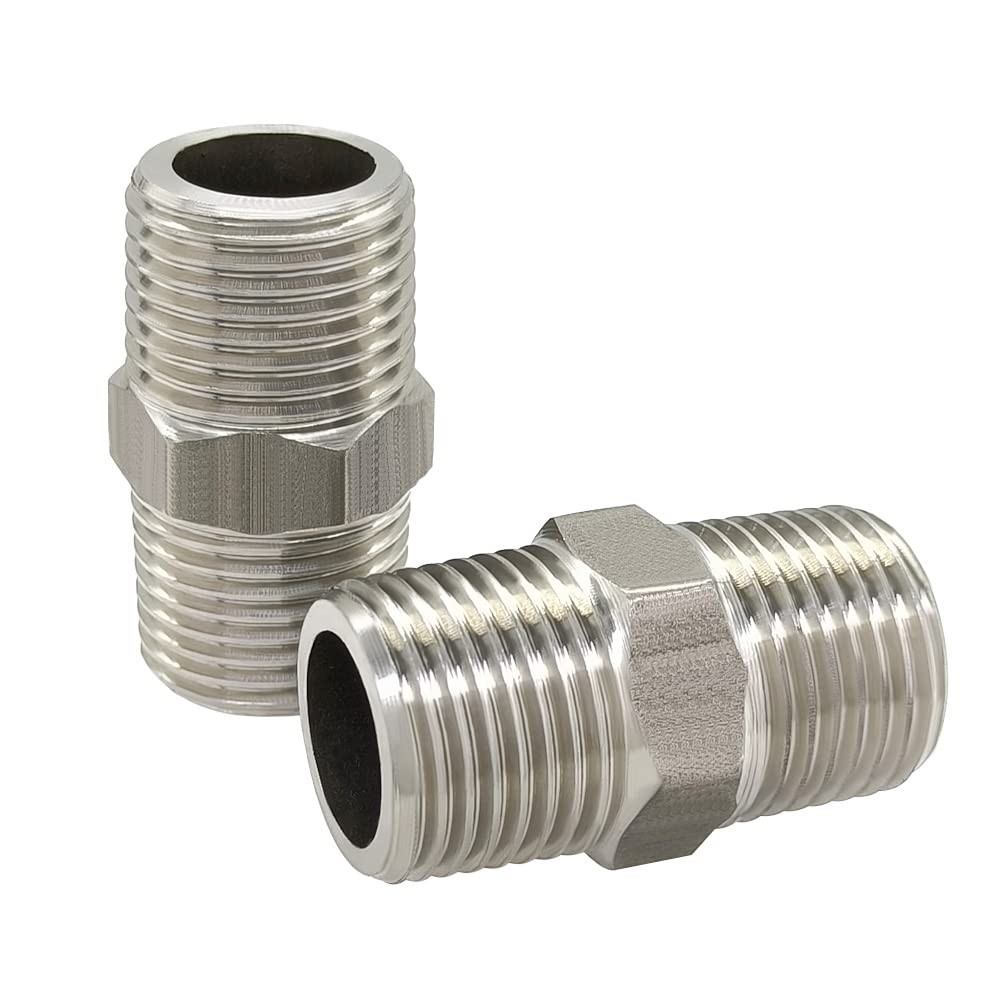 Hooshing 2PCS Hex Nipple 1/2″ x NPT (O.D x O.D: 3/4″ x 3/4″), Silver