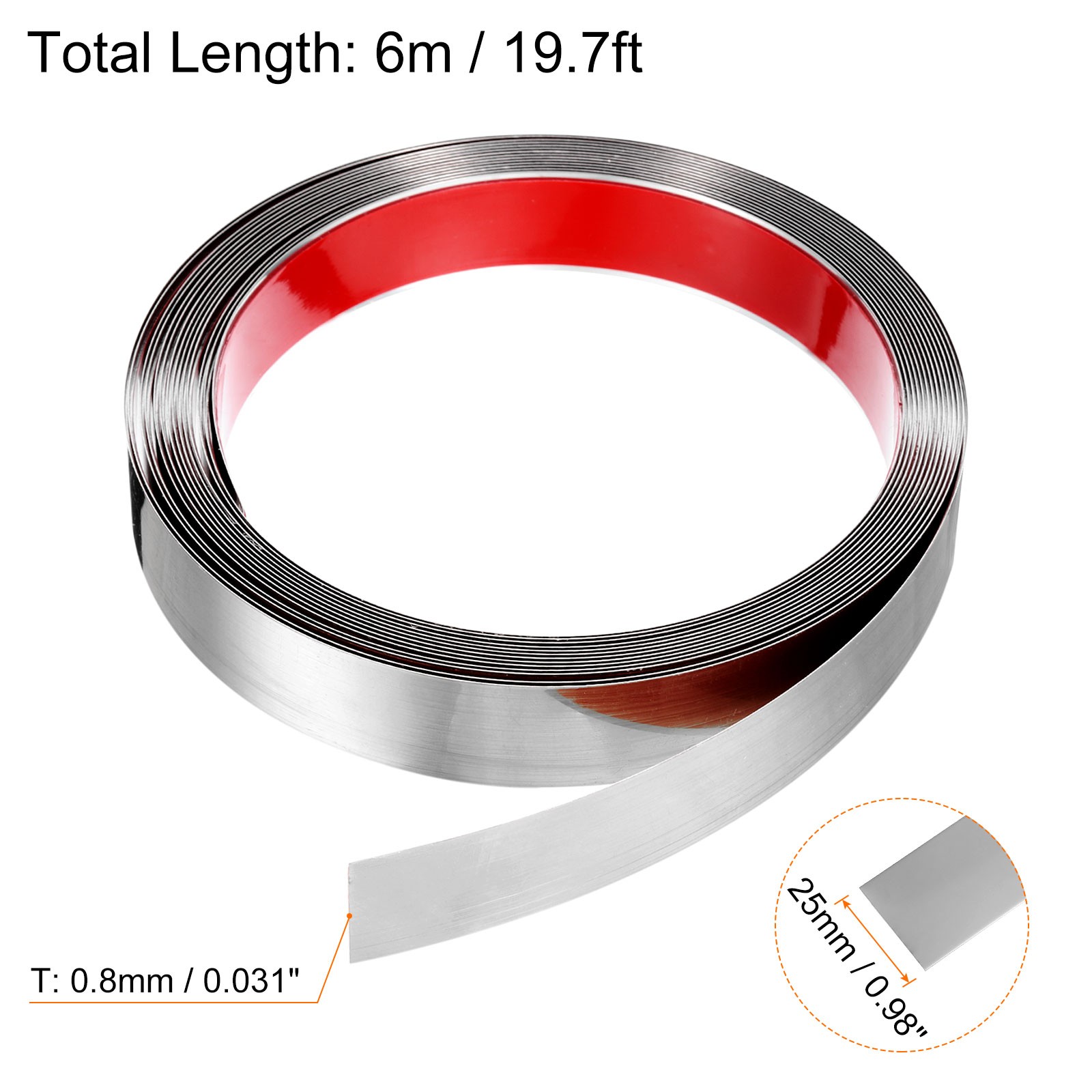 19.7ft x 0.98″ Wall Trim Self Adhesive Stainless Steel Mirror Finish Trim Silver