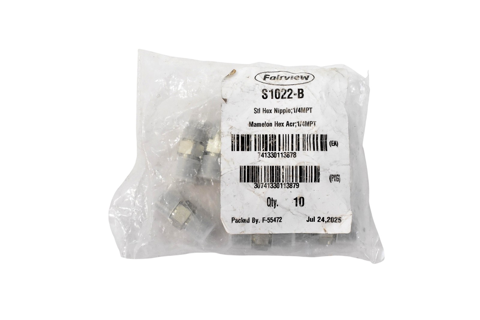 Fairview S1022-B Steel Hex Nipple 1/4 MPT 2 Outlet 10 Pack Zinc Plated